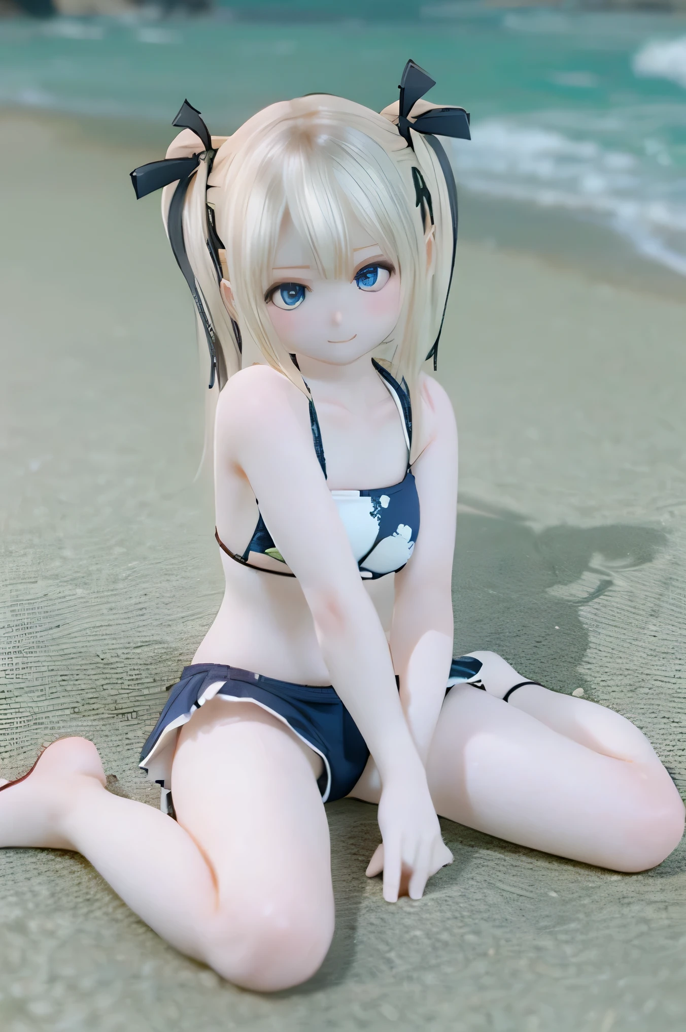Photorealsitic, hight resolution, 1 rapariga, white hair, Korea person, Heterochromia eyes, small moles under eyes, blurry backround、The bikini, , Blue-haired、(Blonde mesh)、Beach、plein air、Pigtails straight hair、yes、all-fours、shortpants、hime-cut、pier、blunt bangs