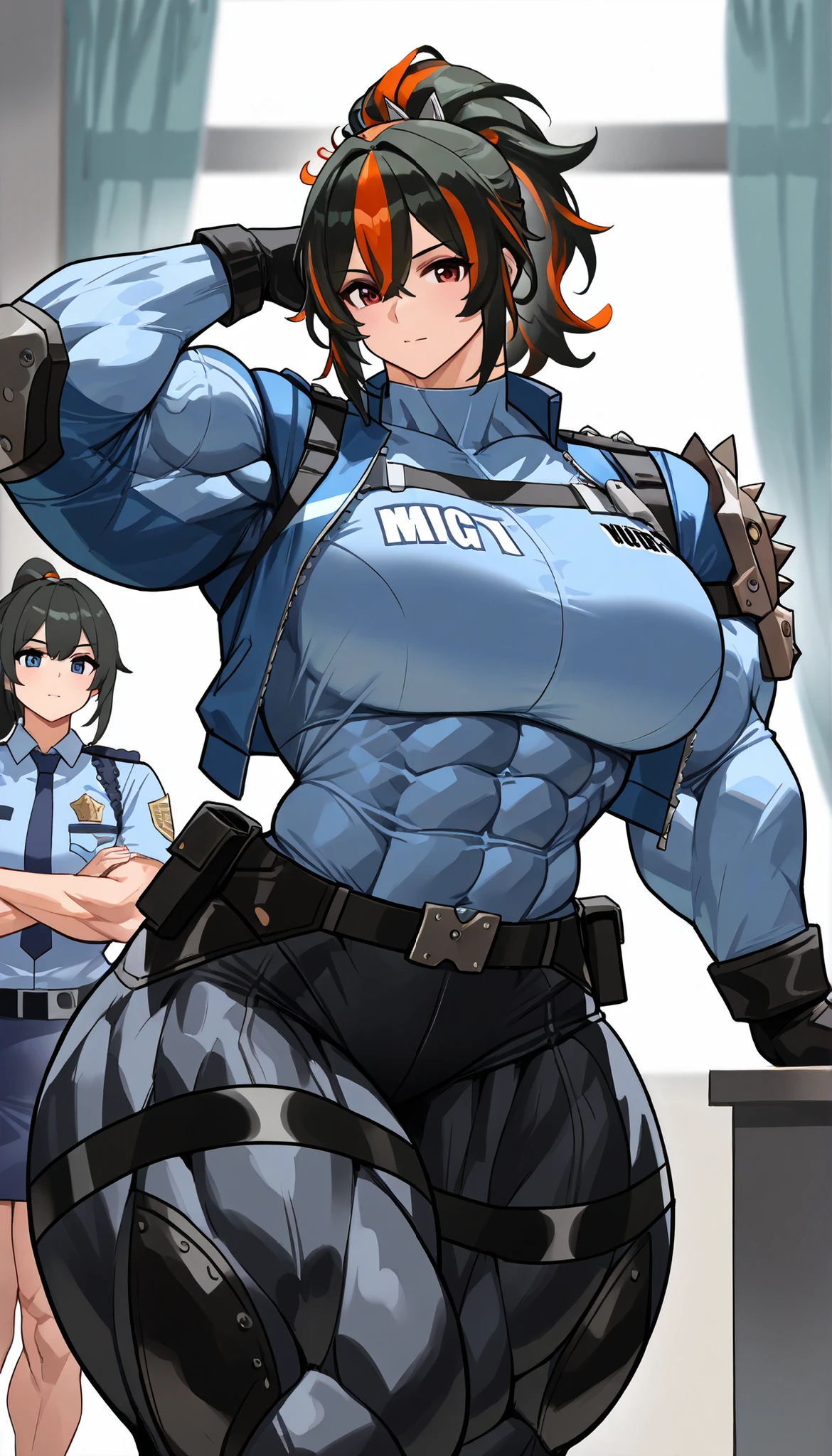 ( masterpiece,  best quality:1.2), ,girl,beautiful face,  muscular female, alternate muscle size,, zhu yuan, ponytail,, extremely muscular woman, flawless perfectly trained body, zero body fat, mighty and hypermuscular professional female bodybuilder, dominant woman, great muscle definition, muscular腿,thick thighs,, muscular ,mixed color hair,Police Uniform,  blue jacket , Cropped Jacket, Open jacket, up