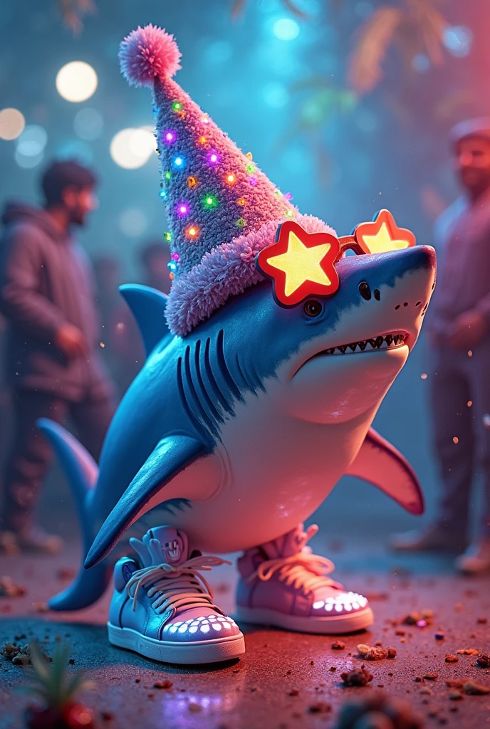 (Masterpiece in maximum 16K resolution:1.6), (intricate detail:1.4), (extremely insane detail:1.4),(highest quality:1.3),(Hyper_realistic:1.3). | ((Soft_color_tones):1.3), dark color palette, soft and diffused lighting. | Create a vibrant concert stage featuring a colorful, whimsical backdrop with bright lights and playful decor. In the foreground, have a dynamic performer in an elaborate, eye-catching outfit. Surround the performer with enthusiastic background dancers dressed in fun, oversized shark costumes, engaging in energetic dance moves. Include large screens displaying animated graphics, confetti cannons, and a lively crowd enjoying the show. The overall atmosphere should be lively and celebratory, capturing the essence of an unforgettable pop concert. | She is adopting a ((dynamic_pose as interacts, boldly moving a exciting way):1.3), ((perfect_pose)), ((perfect_pose):1.5), (((full body))), ((perfect_fingers, better_hands, perfect_hands, perfect_legs)), | Rendered in ultra-high definition with UHD and retina quality, this masterpiece ensures anatomical correctness and textured skin with super detail. With a focus on high quality and accuracy, this award-winning portrayal captures every nuance in stunning 16k resolution, immersing viewers in its lifelike depiction. | ((perfect_composition, perfect_design, perfect_layout, perfect_detail, ultra_detailed)), ((enhance_all, fix_everything)), More Detail, Enhance.
