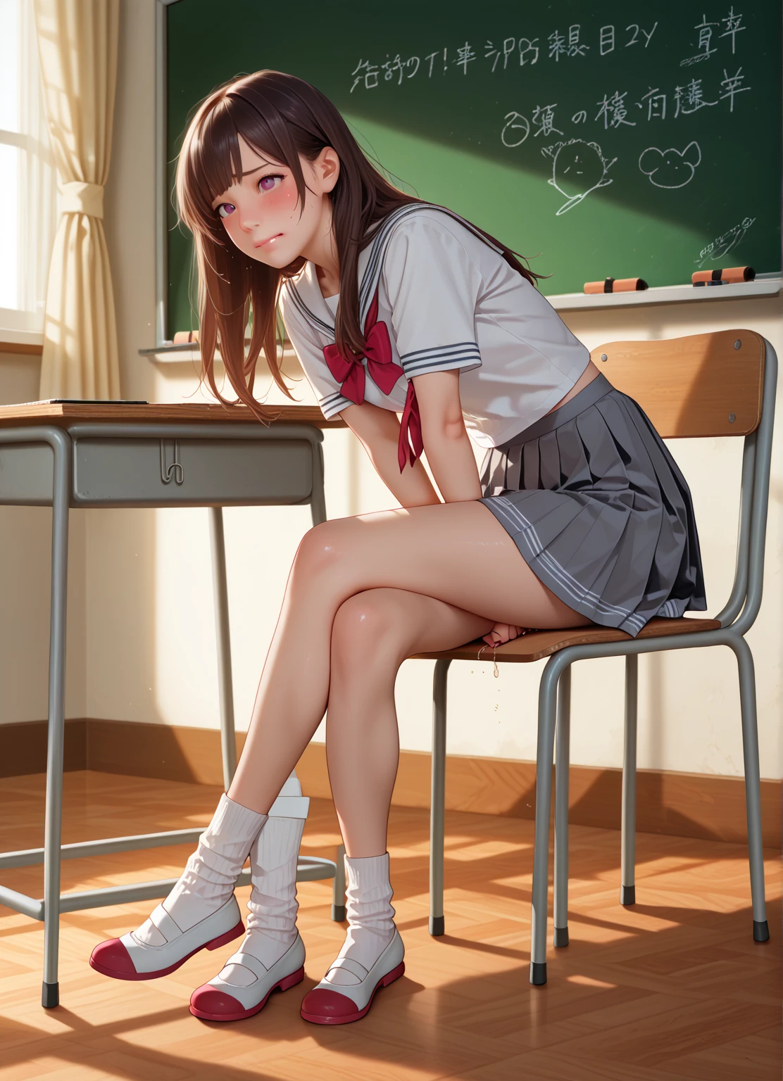 1girl,23yo.strawberry print panties ,.classroom brown eyes, brown hair, cardigan, female pubic hair, full body, gyaru, hair ribbon, lips, loafers, long hair, looking at viewer, panties, plaid, plaid skirt, realistic, red ribbon, , shirt, short sleeves, simple background, sitting, skirt, skirt lift, smile, solo, spls, standing, striped, white neckerchief, white shirt.