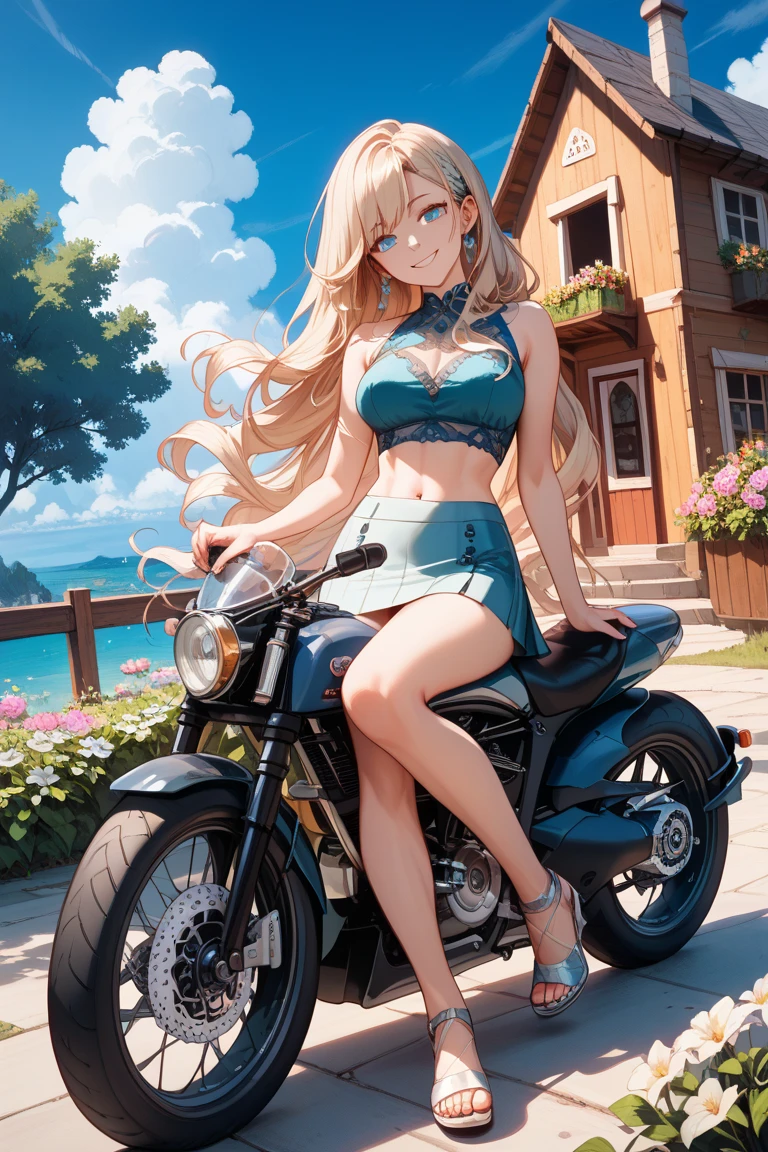 1girl, swimsuit, breasts, bikini, outdoors, navel, cow print, riding on motorcycle,, looking at viewer, day, blonde hair, side-tie bikini bottom, animal print, smile, stomach, string bikini, sidelock, bangs, blue sky, cloud, kitagawa marin, landscape, big breast, full body, thighs, betty riders, ass, back,