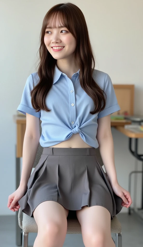 (High school girls walking in a Japanese school:1.2、indoor、Sitting on a chair in the classroom)、((school uniform、White blouse、(Navy blue checked pleated skirt:1.2)、Navy blue socks、loafers)、(Sports Bags、The strap of the bag passes between the chest、paisla:1.5)、(Realistic、Like a photograph、Live Action、8k, Realistic, RAW Photos, Best image quality: 1.4), Single-lens reflex camera、RAW Photos, Highest quality, Realistic, Highly detailed CG Unity 8k wallpaper, Written boundary depth, Cinematic Light, Lens flare, Ray Tracing, Realistic background、((Ultra-Dense Skin))、 16 year old girl after school,cute Japanese、(whole body:1.5)、Very detailedな顔,avert your eyes:1.1、(short hair:1.2、Shortcuty hair is blowing in the wind:1.4)、I like that style、stylish、Very detailed、Pay attention to the details、Perfect outfit、(Sunburned skin)、View from above、Accurate hands、Accurate legs、Detailed hands and fingers、Anatomically correct body、Thin legs、Thin thighs、Small breasts、Super detailed face