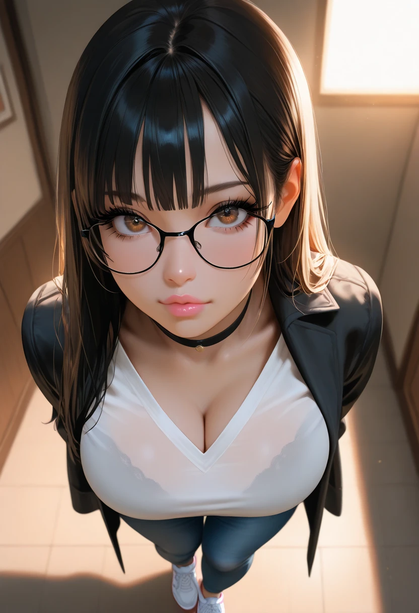 arafed woman with glasses and a shirt posing for a picture, hyperrealistic schoolgirl, realistic schoolgirl, a hyperrealistic schoolgirl, on a mannequin. high quality, with black eyeglasses, hyperrealistic full figure, with very highly detailed face, on a mannequin. high resolution, with glasses, photorealistic perfect body, skydoll noa