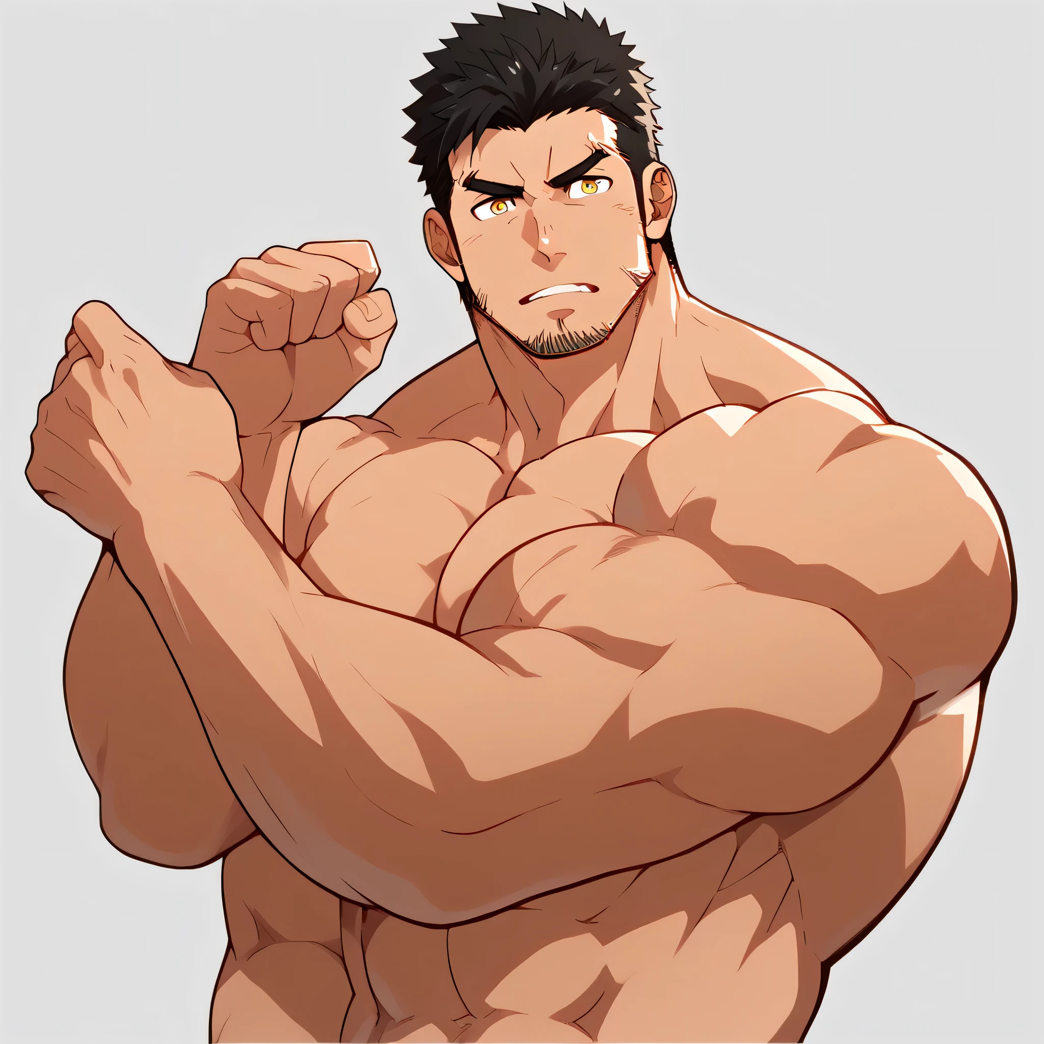 character focus, full body, looking away, dynamic angle, exercise, musclegut middle-aged american, perfect anatomy, male , fullbody, tanned skin , maleらしさ, male性重視, Muscle Development male, Muscle Development , maleが一人,Dandy , Alone , black short hair, Messy Hair , Thick eyebrows, Stubble, brown eyes , simple background , amazing quality , Masterpiece , Best Aesthetics, Smart Student , cut in inches , Separate lips , Face in agony with severe pain , dirty face , top quality , Muscle Development characters , upper body , Karate , abs, score_9,score_7_up,score_6_up,score_5_up,score_4_up,zabaniyya \(housamo\), muscular, 1boy, male focus, bara, thick thighs, muscular male, stubble, solo, facial hair, thighs, nude, pectorals, black hair, yellow eyes, frown, large pectorals, mature male, thick eyebrows, transparent background, bulge, thick arms, tight, manly, muscular wrestlers, no clothes, no pants, side view, nude, fullbody