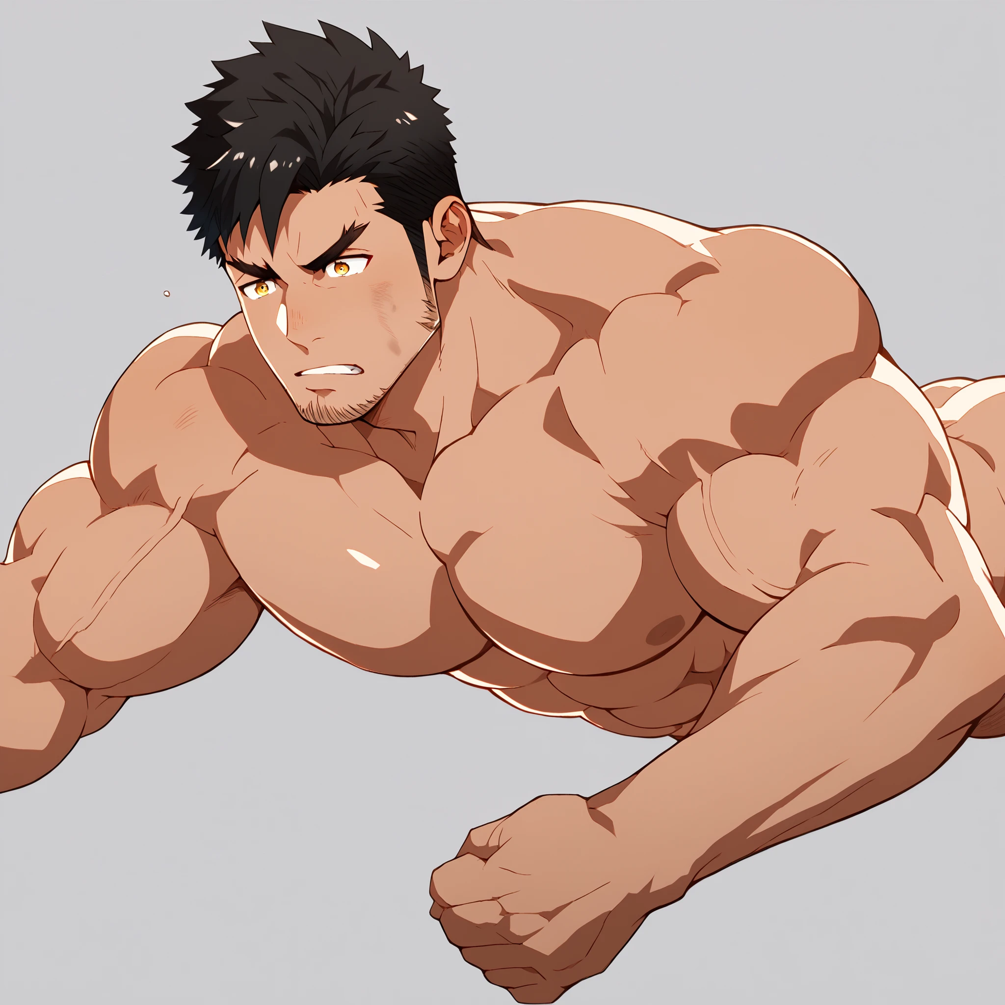 character focus, full body, looking away, dynamic angle, exercise, musclegut middle-aged american, perfect anatomy, male , fullbody, tanned skin , maleらしさ, male性重視, Muscle Development male, Muscle Development , maleが一人,Dandy , Alone , black short hair, Messy Hair , Thick eyebrows, Stubble, brown eyes , simple background , amazing quality , Masterpiece , Best Aesthetics, Smart Student , cut in inches , Separate lips , Face in agony with severe pain , dirty face , top quality , Muscle Development characters , upper body , Karate , abs, score_9,score_7_up,score_6_up,score_5_up,score_4_up,zabaniyya \(housamo\), muscular, 1boy, male focus, bara, thick thighs, muscular male, stubble, solo, facial hair, thighs, nude, pectorals, black hair, yellow eyes, frown, large pectorals, mature male, thick eyebrows, transparent background, bulge, thick arms, tight, manly, muscular wrestlers, no clothes, no pants, side view, nude, fullbody