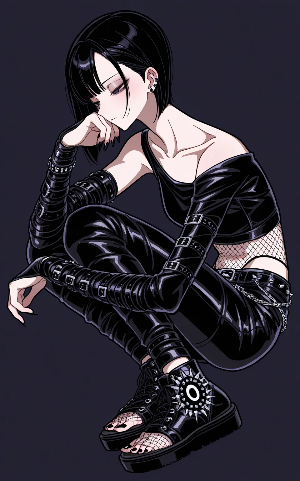 A Onepiece-inspired character. (Gothic woman black hair with bangs, spiked choker, spiked bracelet, fishnet tights, black combat boots, Black gloves) the scene should be in the distinct digital art style of Onepiece, with a focus on character expressions, vibrant colors, and detailed textures that are characteristic oh one piece, anime character from one piece, one piece, one piece style, official anime artwork, by Eiichiro Oda, one piece artstyle, official art