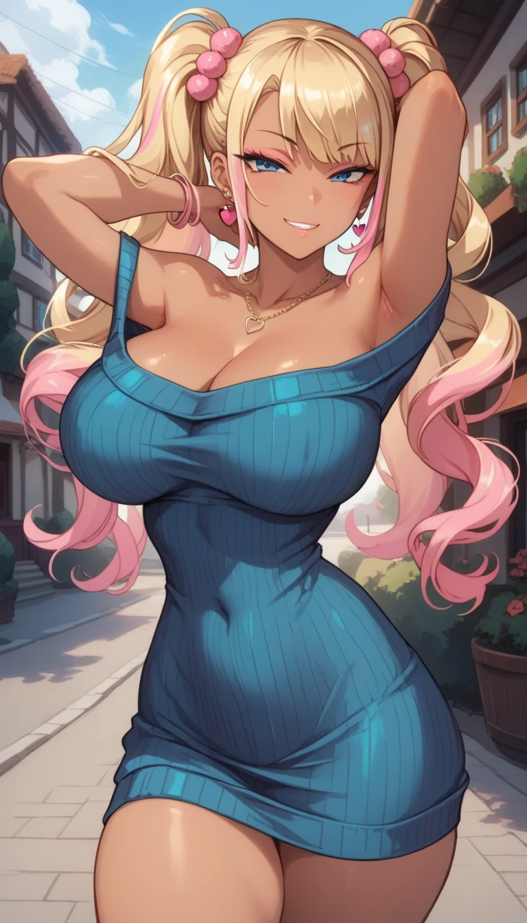 pink heart,mature female,((dark_skinned_jewelry_gyaru,multicolored hair,blond,violet hair,huge_breast)),lips,contrapposto,summer,blush,seductive_smile,flower print sundress,garden