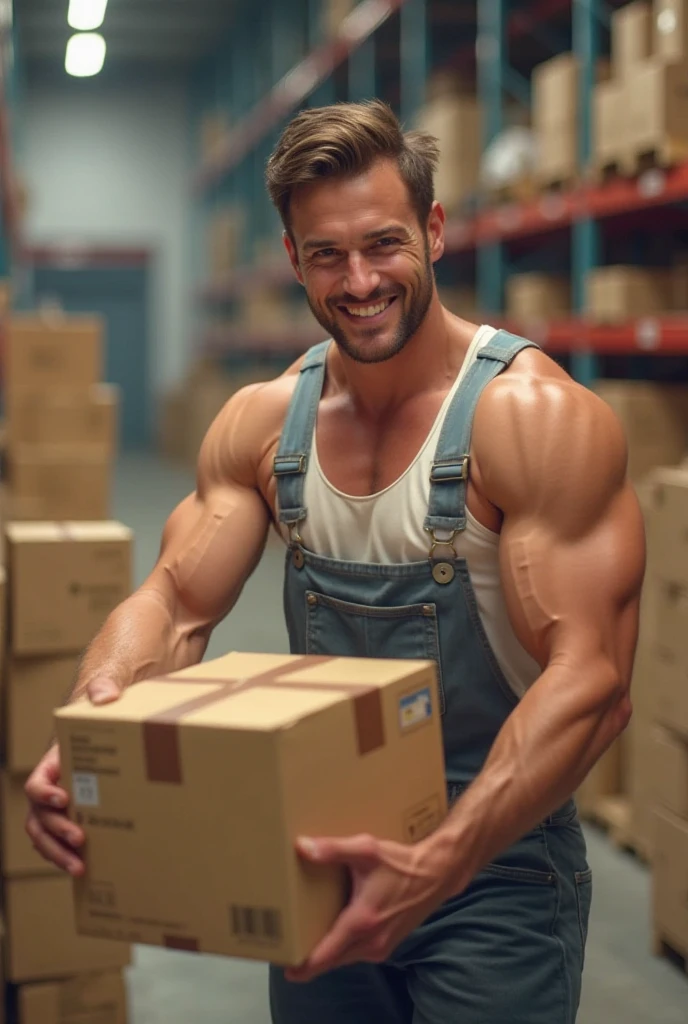 Photorealistic, full view. A young, muscular, handsome, Caucasian, delivery man, with short, brown hair, stubble, and blue eyes, wearing a brown, short-sleeved uniform shirt, brown shorts, and brown work boots. He is in a warehouse filled with boxes, smiling.