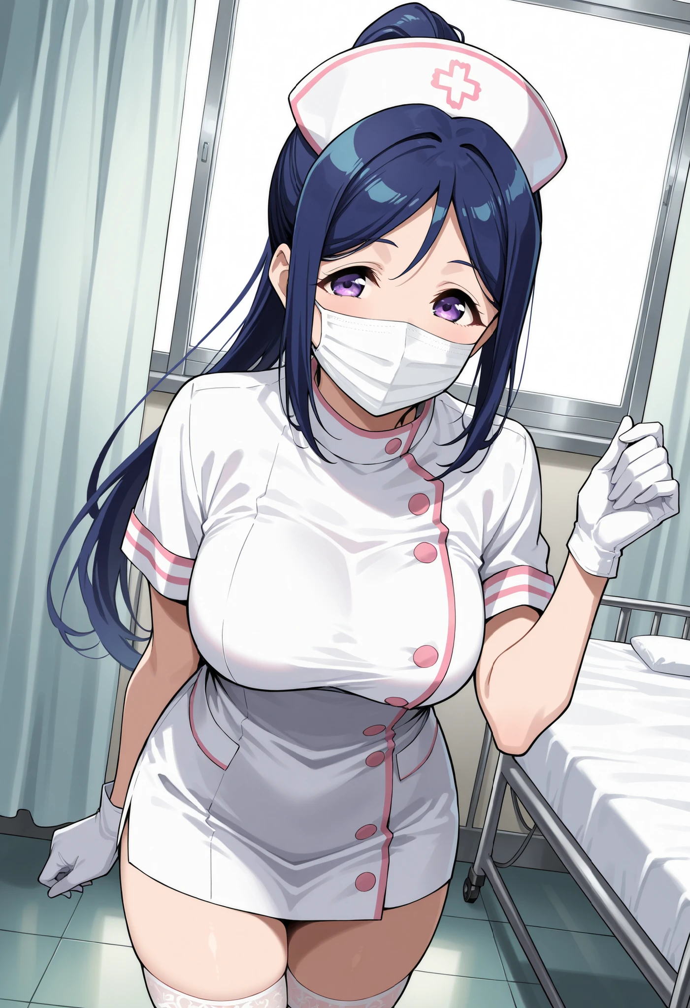 Score_9, score_8_up, score_7_up, source_anime, matsuura kanan, solo, blue hair, purple eyes, ponytail, sidelocks, (best quality), (high quality), {masterpiece}, extremely delicate and beautiful, ultra-detailed, beautiful detailed eyes, nurse, nurse hat, ((white nurse's outfit)), white gloves, white thighhighs, hospital room, ((white mask, mouth mask, covered nose)), standing