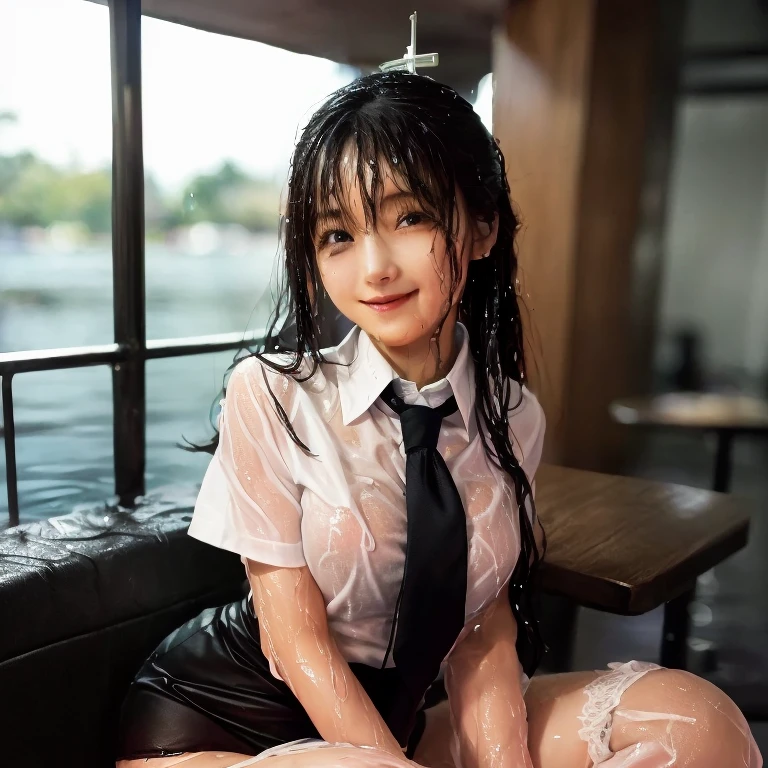 top-quality、masutepiece、超A high resolution)、、(Looking at the camera、Kamimei、a smile:1.3)、((hi-school girl、Semen、a wet body:1.3))、hotel、A dark-haired、bangss、Medium hair、kawaii faces、Beautiful eyes、(high-school uniform、blazers、neck tie、shirt、skirt by the、Black Knee High Socks)