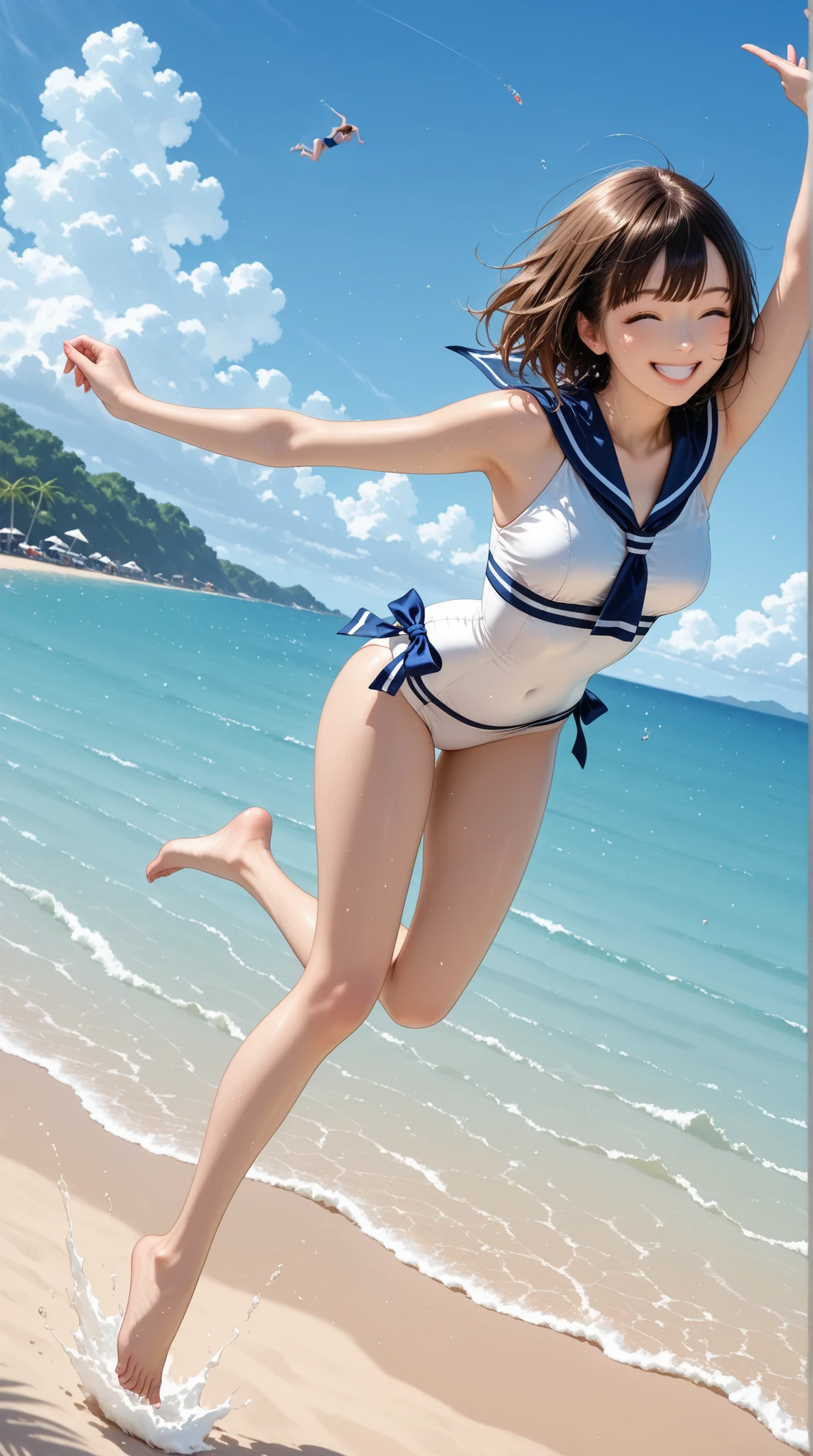 sailor swimsuit, smile, crooked legs, jump, Tropical Beach
