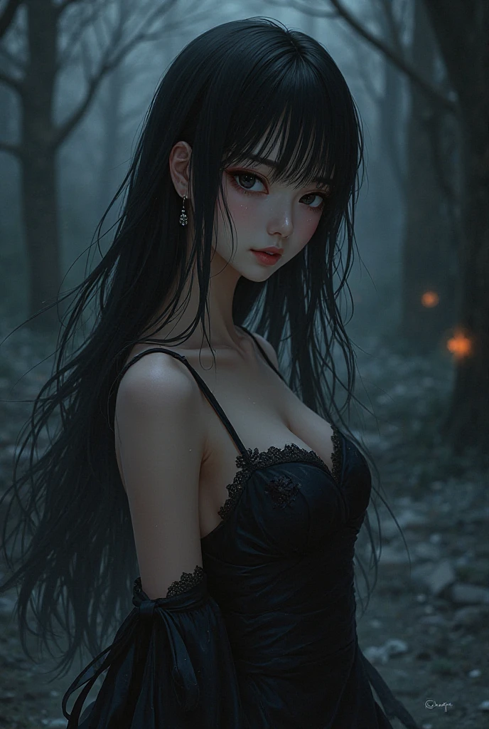 masterpiece, Highest quality, masterpiece, (One Girl), (letter), Evil Witch, Dark Energy, empty, Hollow Eyes, (an extremely evil), black magic, Dark Forest, Negative Energy, hell, empty, performer, Brown Hair,Wearing a black high-cut swimsuit、Anna's Ghost of Arendelle、Dead Girl