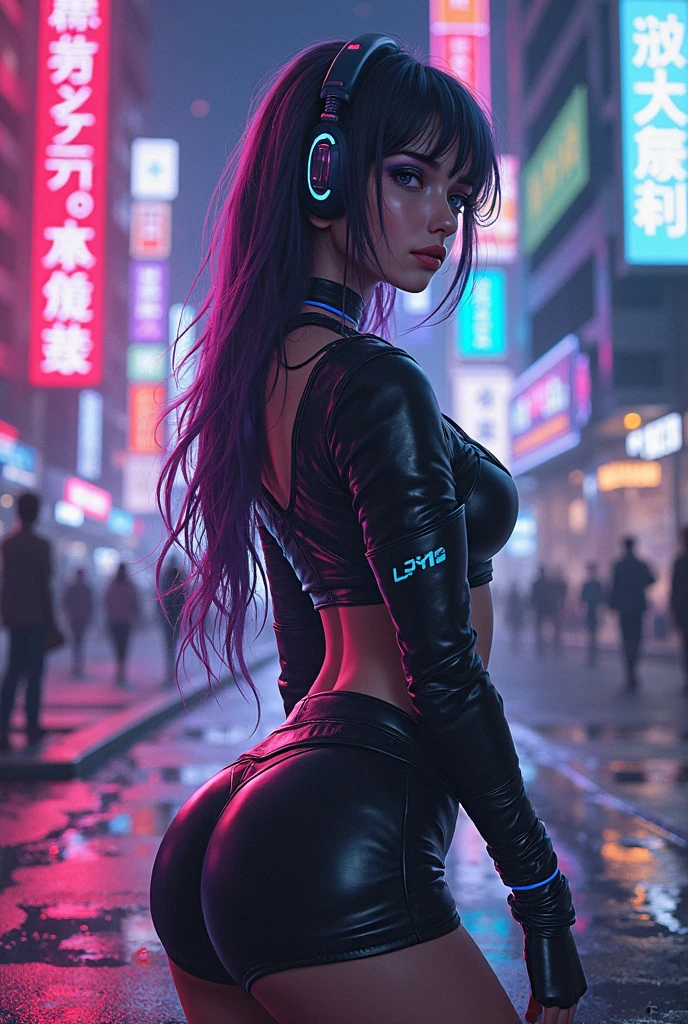 (Hinata Hyuga, Walking around the city, Very sensual, Older girls, In tight clothes, Cleavage, Big Ass, Thick legs, Training wear, Navel comes out, Long Hair, Rear speakers, Very realistic, View of the Cyberpunk City, Clearly defined lines, Neon Lights Very Sexy, 8k, 8k Very detailed), (Very delicate and beautiful), (masterpiece), (Better Quality: 1.0), (Ultra-high resolution:1.0), ((Synthwave Background Theme)),