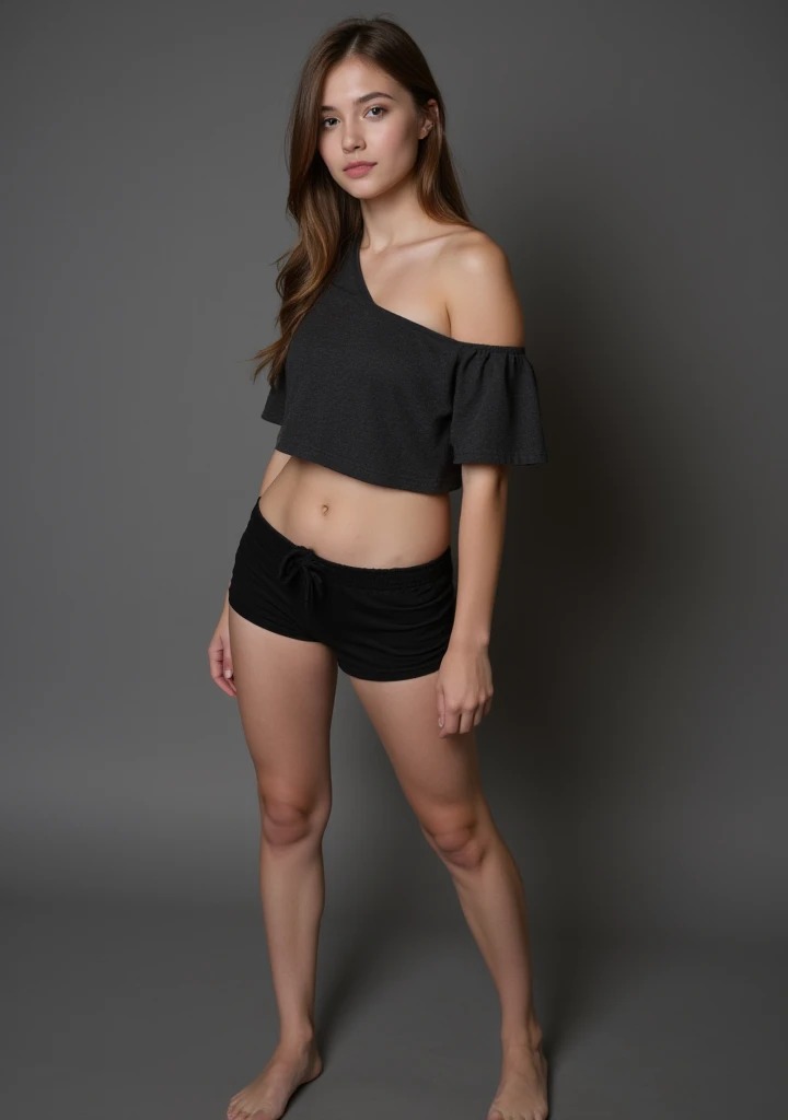 Jessica Degg short chubby face brunette long ponytail straight hair Caucasian freckles fake tan eyelashes dark eyes eyeshadow make up smiling jewellery short chains white tights small black lycra shorts