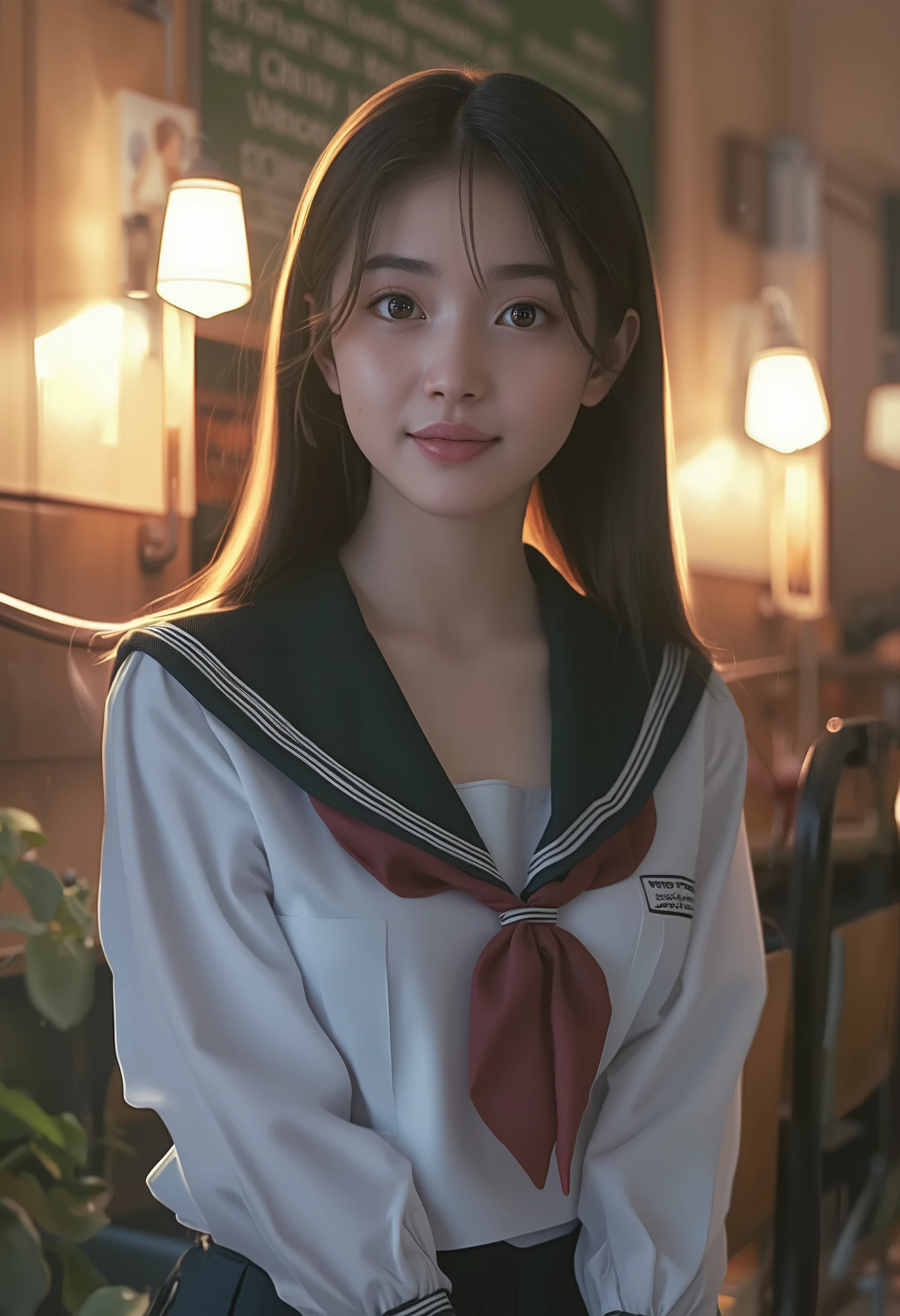 (masterpiece, Highest_quality:1.2), 1girl, Alone, cute, huge_chest:1.4, schools_girl_Costume:1.5, detail eyes, no makuup, detailed lips, Long Lashes, beautiful, elegant, gentle expression, complicated details, photorealistic, studio lighting, bright colors, realistic, warm lighting on both sides of the frame, like the movie, detailed background, class_room:1.3