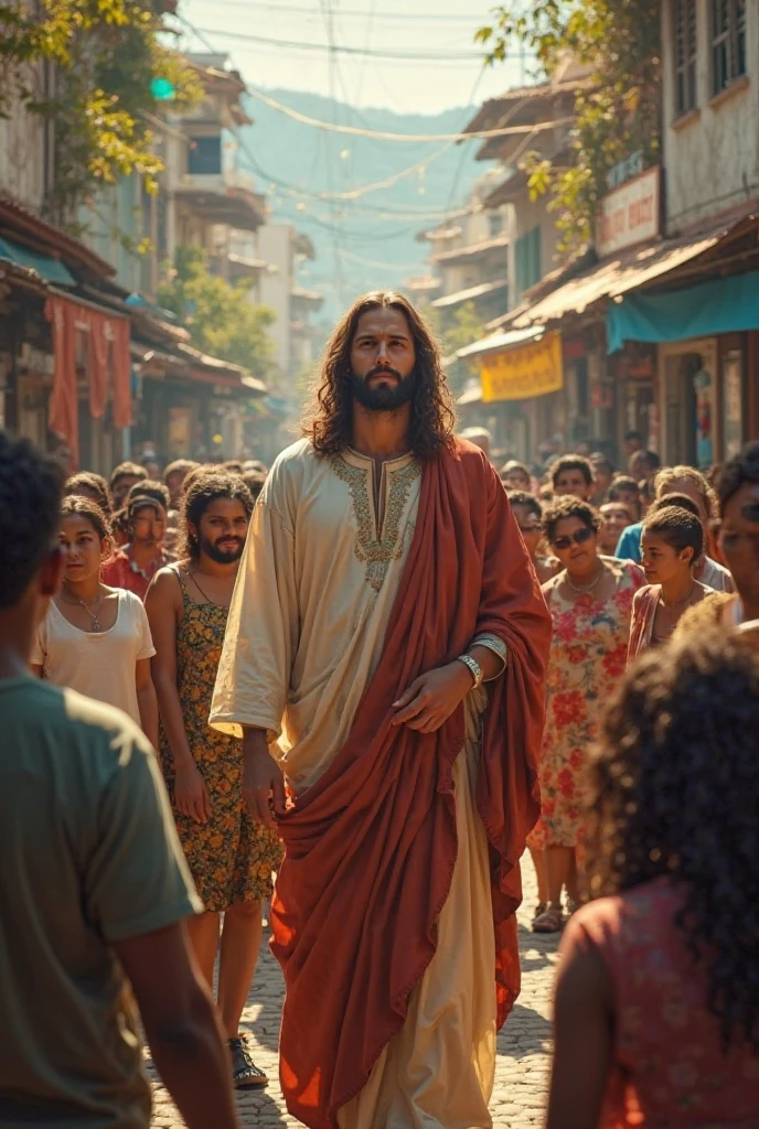 Image of Jesus teaching with a Bible in his hands to a community of Catholics, on a street in Venezuela, where they are happy