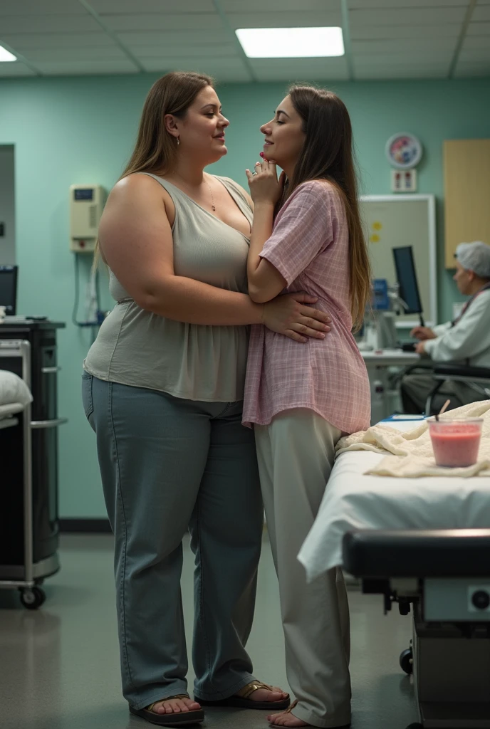 Two obese women gaining weight through a tube