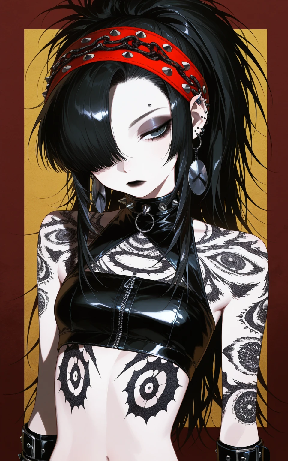 emo girl. Messy hair, wolf_cut hairstyle, black hair, lot of piercings, lot of tattoos, green eyes, medium , big butt, punk clothing, ruined makeup, sensual mouth