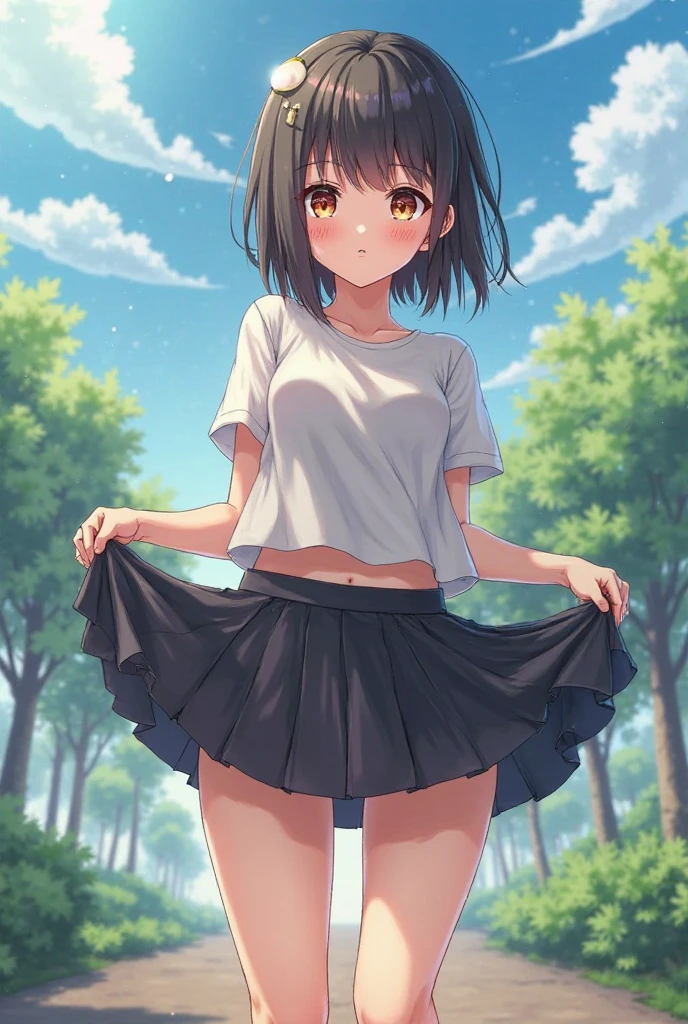 One woman, blush, Sweat Embarrassed Front, Short Hair, Black Hair, Feel Small Breasts Pubic Hair 8k, Very detailed, 16k, (naked), Outdoors Walking Black eyes Pink polo shirt Short sleeves Black skirt Skirt lifting Skirt lifting No panties Pussy