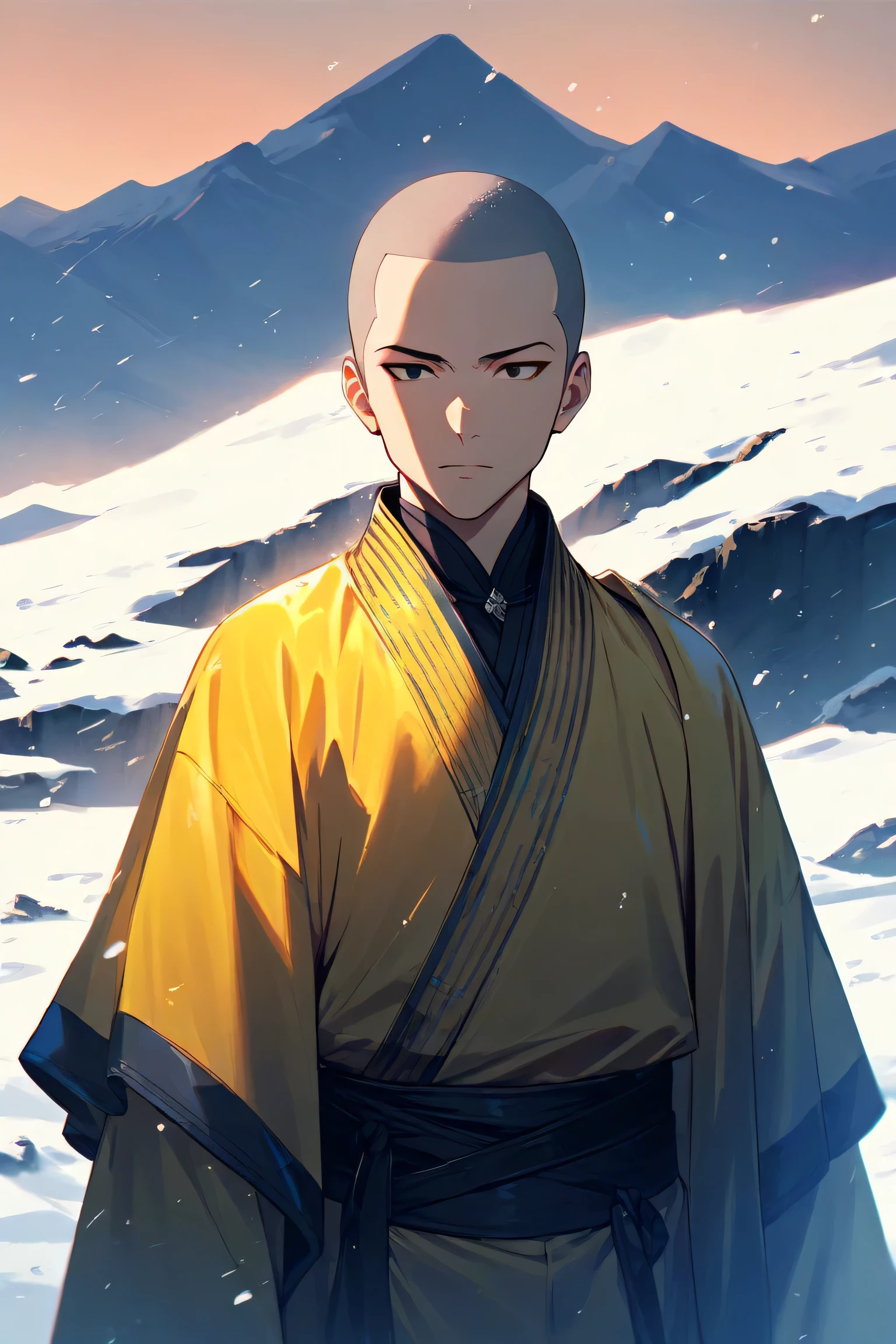1male, high-quality, masterpiece, flawless, monk, yellow monk clothing, solo, shaved head, yellow jiasha, perfect features, relaxed expression, calm, neutral face, disciplined, master, mountain top, winter sky, dusk, perfect face, frontal view, solitary, snow falling off clothes