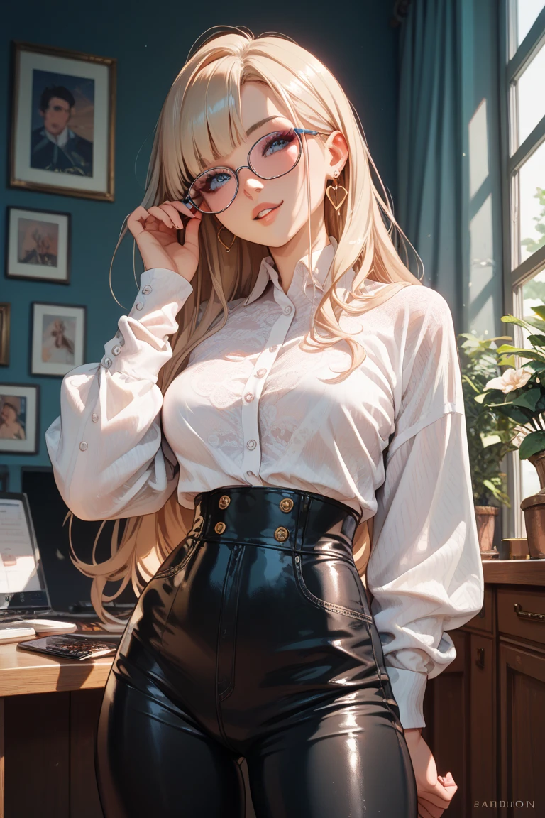 blond hairbl，A pink bow is worn on his head，Big blue glasses，Intellectual beauty，Student clothes，Gentle expression，photographrealistic，2：3 finger photos，hilltop，Beautiful peaceful natural landscape，Soft lighting，Best picture quality，3 D painting