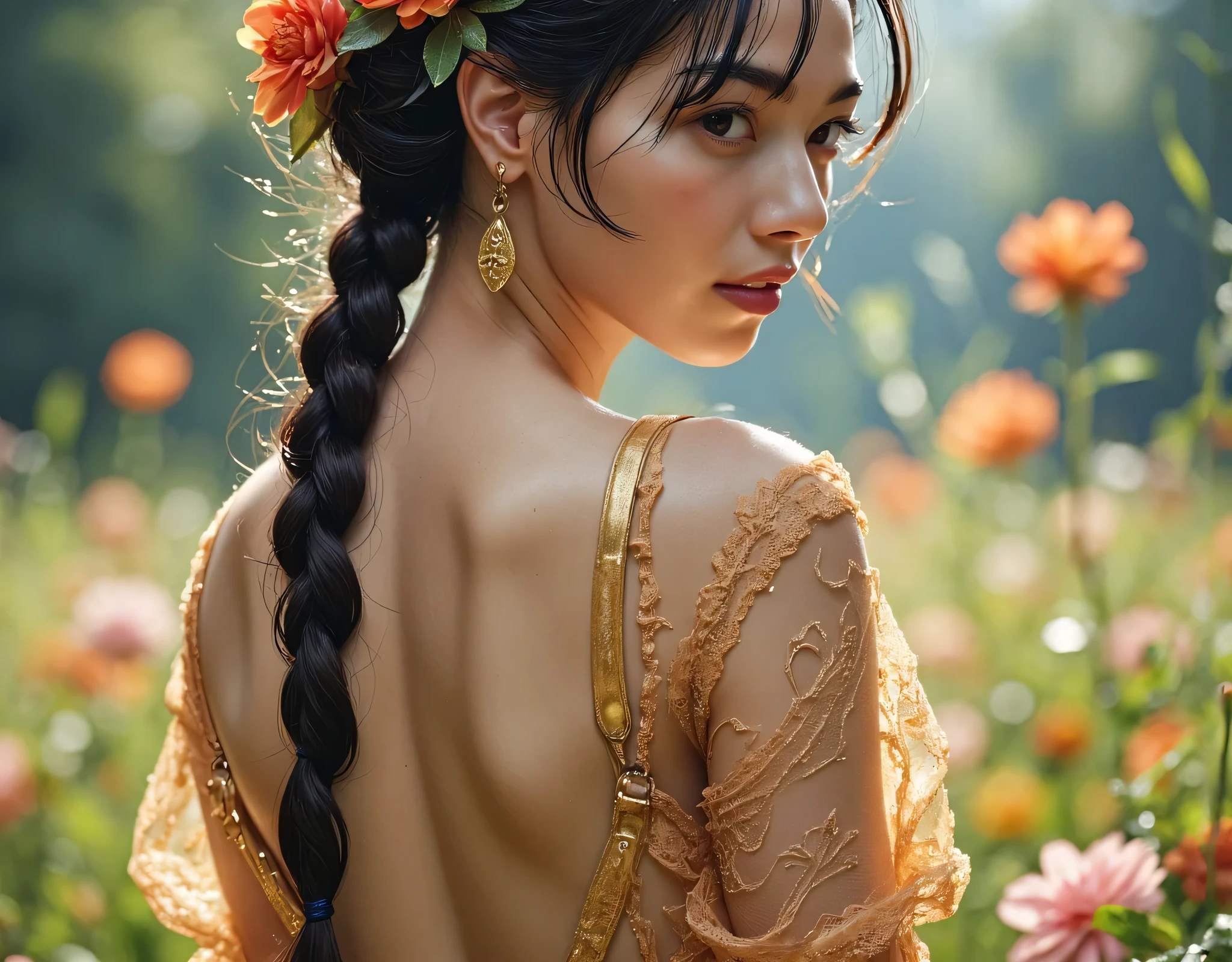 (((Midnight's vast prairie:2.0))),colorful light particles dance,(((Fantasy Atmosphere:2.0))),(((A flower sandwiched between the buttocks:2.0))),(((light yellow-green eyeshadow:2.0))),side view from the back,Side pose,((Looking back and looking at the camera:2.0)),((look back over my shoulder:2.0)),Rear View,(((full body:2.0))),one woman,(cute face:2.0),(Beautiful well-balanced face :2.0),((Long hair with bangs:2.0)),(Beautiful Eyes:1.3),20-year-old Japanese woman wearing bright red paint all over her head,Beautiful slender body,((model body type:2.0)),((slim body:1.7)),Perfect Body Line,Ideal Proportions,(big breasts:2.0),((スリーサイズ90-58-86:3.0)),((G Cup Breasts:2.0)), popup,Bare thighs,Sensual Thighs,delicate body,(succulent:1.5),((toned, beautiful butts:2.0)),((cute ass:2.0)), ((((bare ass :2.0)))),(((T-back:2.0))),natural posture,(Realistic breast depiction :1.5),carefully depicts limbs based on perfect anatomy,((Elf King Style Golden Super Hi-leg Leotard:2.0)),((gold super high-leg leotard made of lace integrated with the body:2.0)),((lace cloak adorned with colorful flowers with an open front over a leotard:2.0)),(pastel colored cloak with fine embroidery:2.0),(((corolla:2.0))),(pointed ears:1.3),((((light purple fishnet tights with a rough mesh:2.0)))),nipples made of flowers,CONCEPT ART,(Best Quality:1.5),(masterpiece:1.5),(超高resolution),resolution,UHD,(Delicate Description), carefully drawn with butterfly wings ,32k,((realistic skin texture that shows through the whole body:1.5)),(((super realistic:1.5))),carefully draw eyelashes,very detailed face,Highly detailed female hand,very sensual,(Blurry Dim Backgrounds :1.5),Professional Photography,(movie lights:2.0),((Lord of the Rings style lighting:2.0))