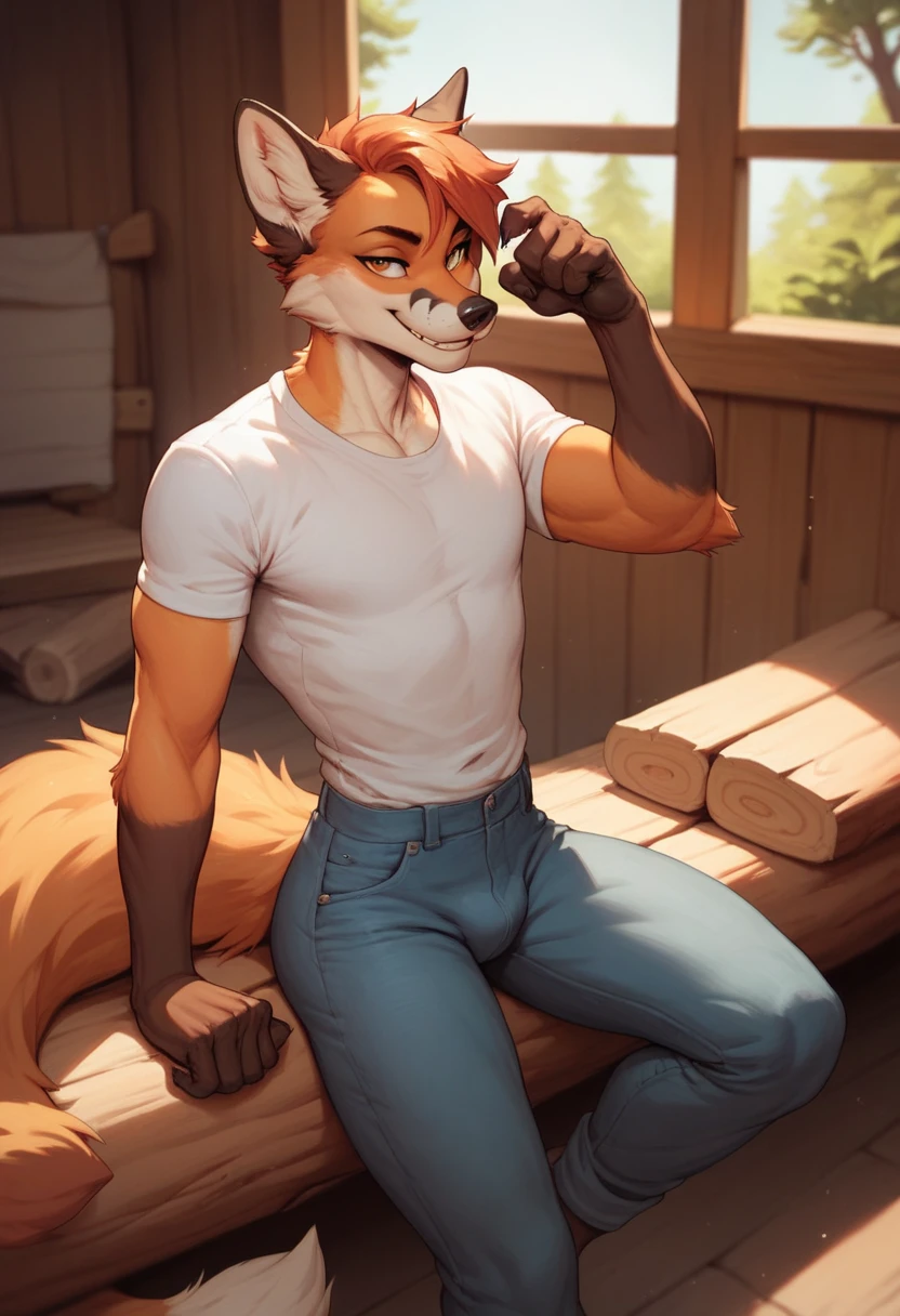 All White cat, anthropomorphic, bedroom, shirtless, green eyes, happy, standing, male,