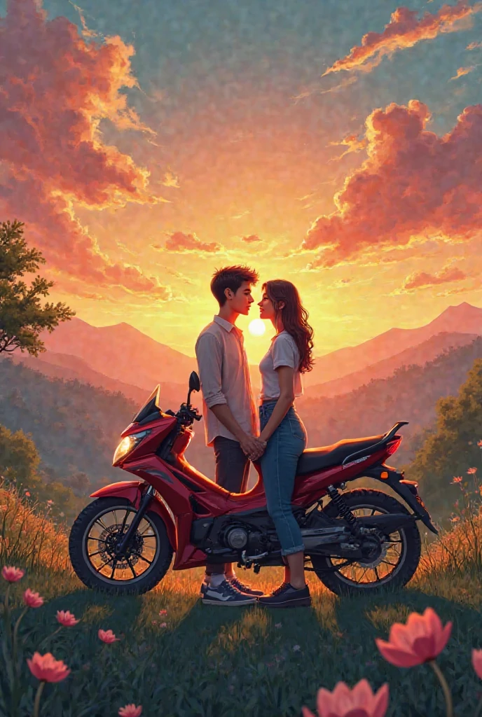 A boy and a girl are sitting on the bike called NS 200He conveys his love to her There should be a love in the middle and then the pictureA side view of the bike and her. A picture from a distance