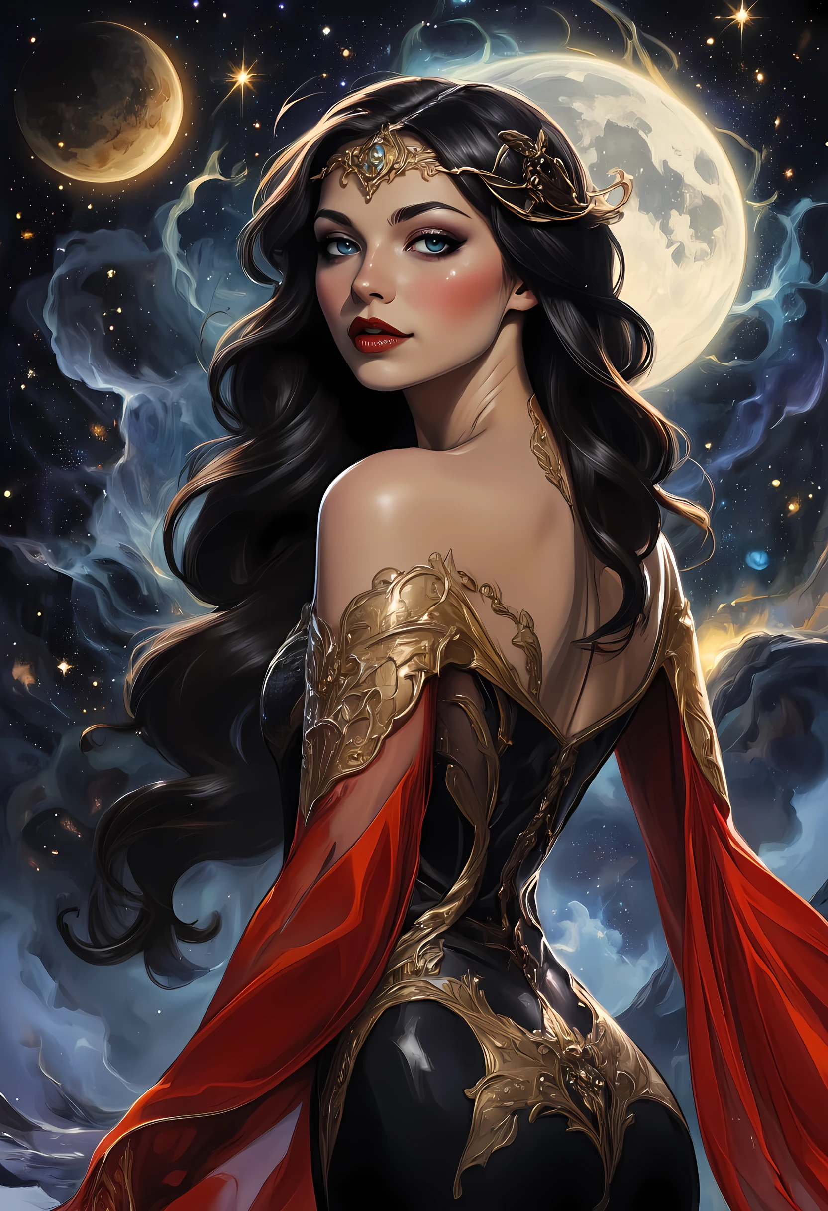 a picture of woman wearing transluminescent dress, black silk dress, intricate dress, transparent dress, red sleeves, epic beautiful woman, divine beauty, serene beauty, lush hair, long hair, stars entwined in the woman's hair, fantasy art, night time, the moon rises, creating a silhouette, ArsMJStyle, Art Deco, zavy-ctcmcs, Celestial Fantasy