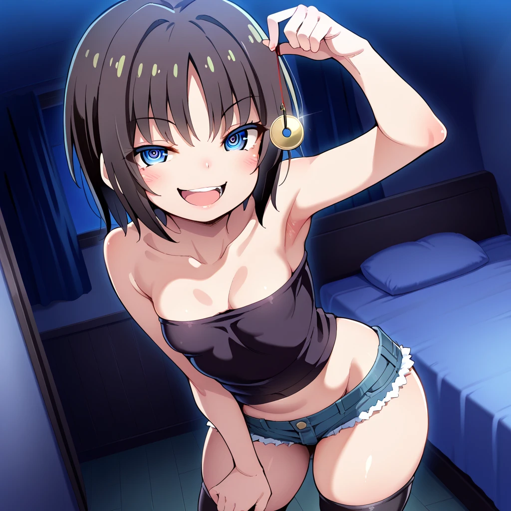 tennis girl's massive vagina out of bottomless spaghetti strap tank top out bare and wet boots spreading her legs, gloved hands hidden behind head, blindfold