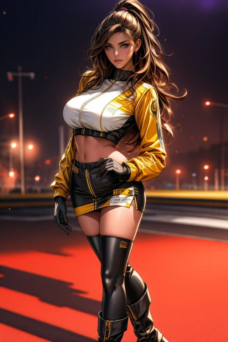 tmasterpiece, beste-Qualit, The Loveliest Latin 1Girl 25 Years Old, (photo-realistic: 1.4), Huge yellow eyes, Half-body shot, white colored hair, arched forward, Body Half Sideways, looks at the viewer, (side-view), Average Breasts, suntanned skin, a necklace, hairlong, Curls, Black Sweatshirt, (Unbuttoned Yellow Transparent Jacket), official arts, Unity 8k壁纸, Ultra-detailed, Beautiful and aesthetically pleasing, tmasterpiece, (Imitation of oil smears:1.3), Elegant, bright colours, romanticism, Depth of field, ((cinematic)),