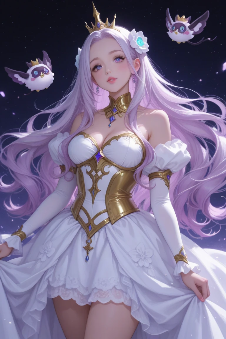 Princess, princess dress, purple dress, puffy sleeves, breasts, tan skin, crown, long hair, silver hair, blue eyes, blush, teasing, diamonds, jewelry, earings, masterpiece, water, wet, 1girl, solo