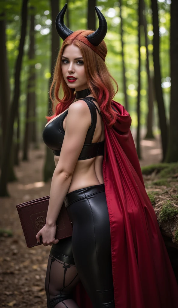 (Simone Simons:0.8), age 20, sly smile, redhead, blue eyes, succubuage wearing leather crop-top and comeltoe boyshorts with red haired bush, showing her hourglass curves of slim waist and broad hips, exposing bare midriff, and a mage's cloak blowing open in the wind, UHD photo-realistic
