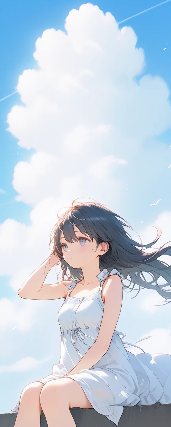 1 girl,Alone,blue sky, ocean, Short skirt, (very detailed background:1.0), (very detailed background:1.0),