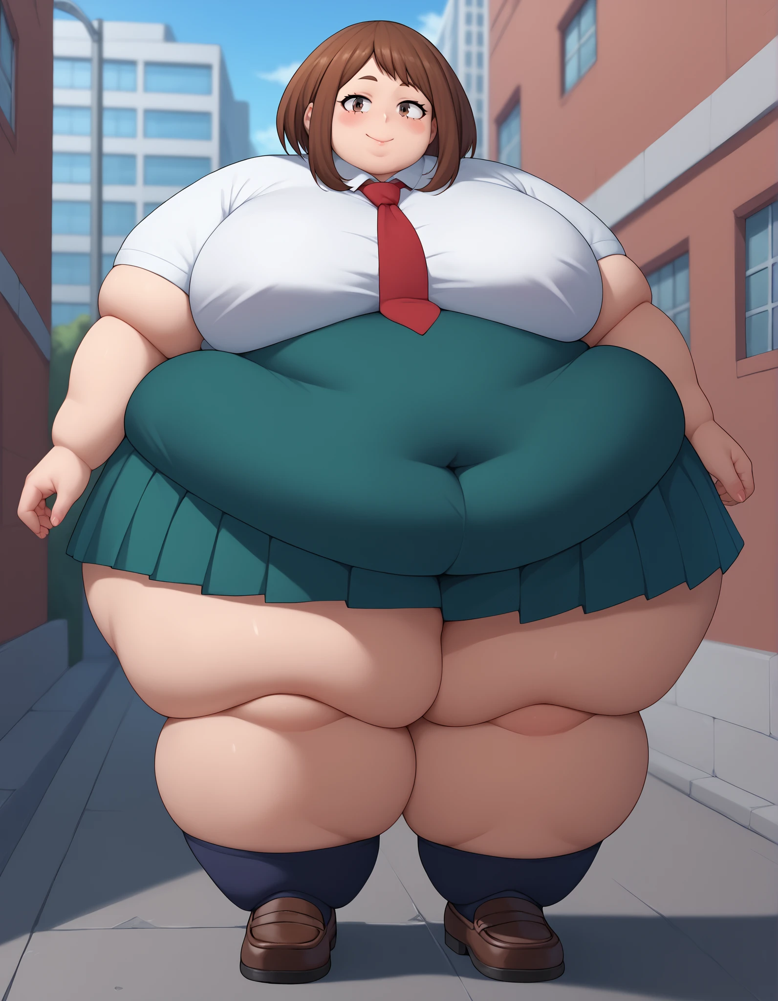 score_9_up, score_8_up, score_7_up,score_6_up, score_5_up, score_4_up, ,1girl, solo, white shirt, short sleeves, u.a. school uniform, black socks, brown loafers, kneehighs, pleated green skirt, red necktie, BREAK ochako uararka, brown eyes, brown hair, boku no hero academia, breasts, short hair, sexy, BREAK flirting, cowboy shot, city background, (huge breasts)) looking at viewer, cowboy shot, curvy, ((large breasts)), plump, (thick thighs), thighs, ((big belly)), curvy, large breasts, plump, thick thighs, thighs, curvy, large breasts, plump, thick thighs, thighs, (full body), ((morbidly obese))