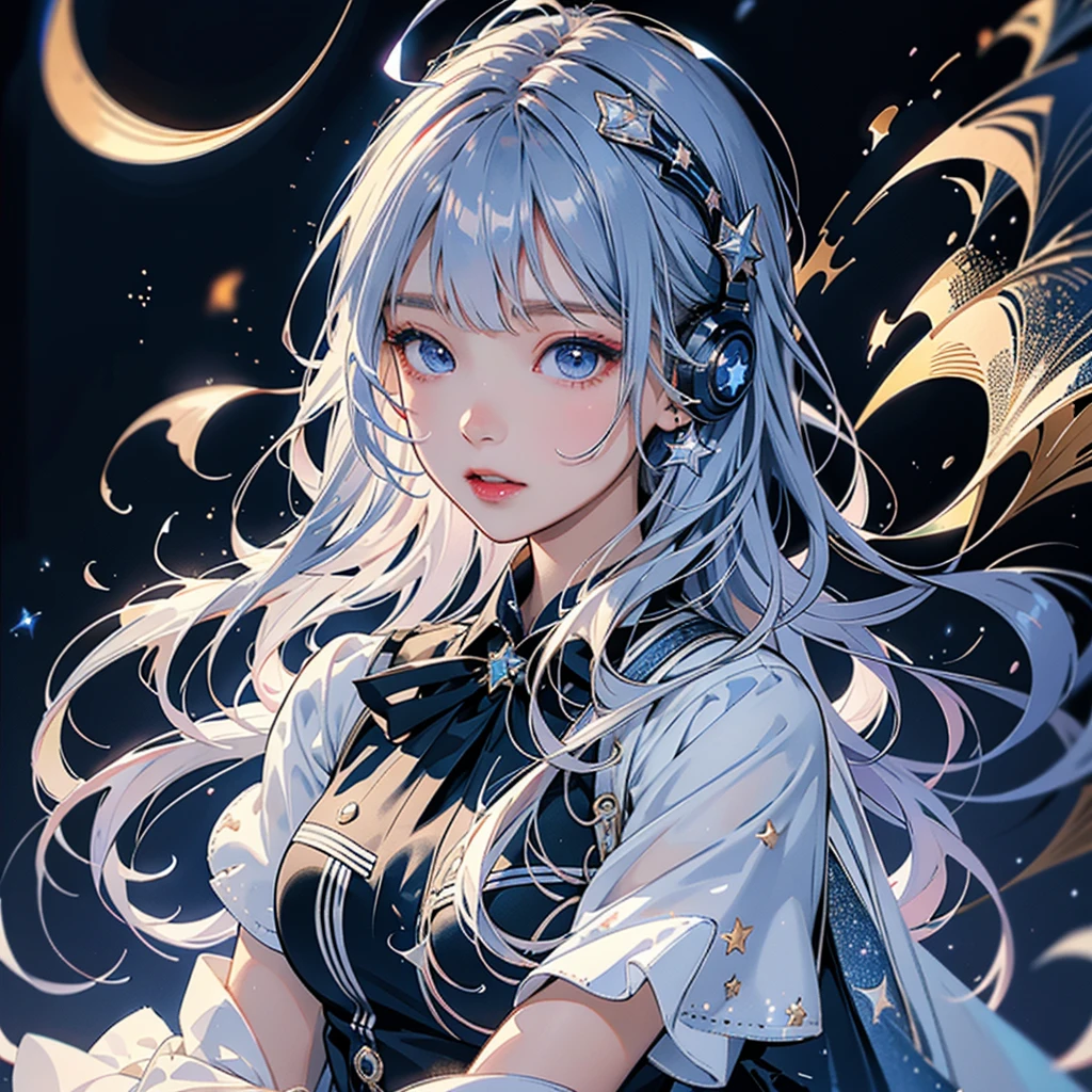 highest quality、8K,Handsome face、vtuber half body、Ultra-detailed eyes、視聴者に向かって真っすぐfrontの絵、starの妖精、全身front立ち絵、front、One girl,highest quality、masterpiece、Official Art、Very detailed、so beautiful、かわいいstarの妖精、Gray hair straight long、milky way、universe、star charm、star、、Knee-high boots、Japanese pattern dress、A beautiful girl wearing a black and white outfit made from a remade yukata.、universeを思わせる花魁フリルドレス、Face close-up、