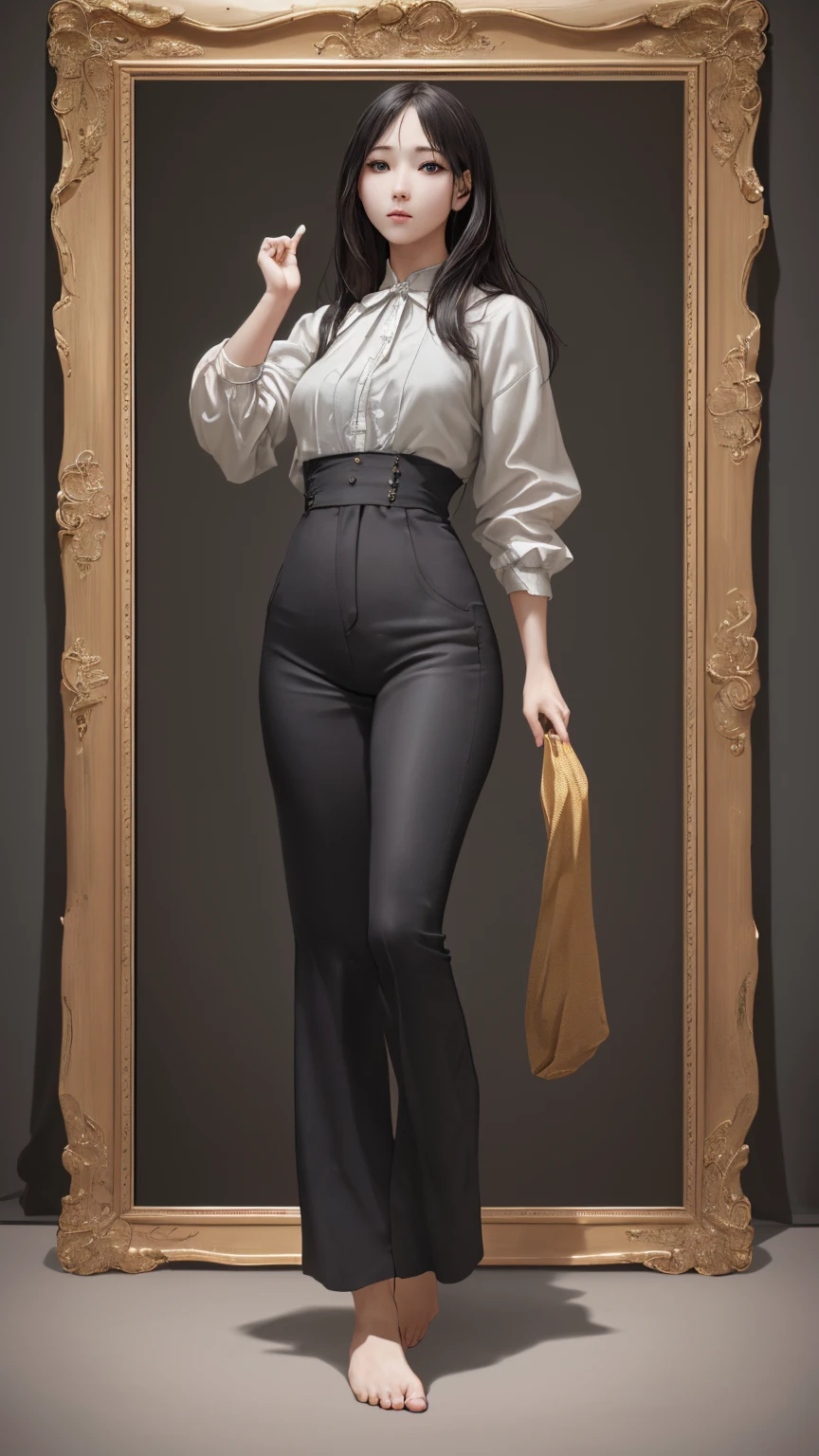 full body female white background detailed eyes long eyelashes beautiful lips standing pose hands on hips looking to the viewer, vibrant colors, oil painting style, soft lighting, masterpiece, best quality, 1girl, MaryMS, turtleneck, baggy pants