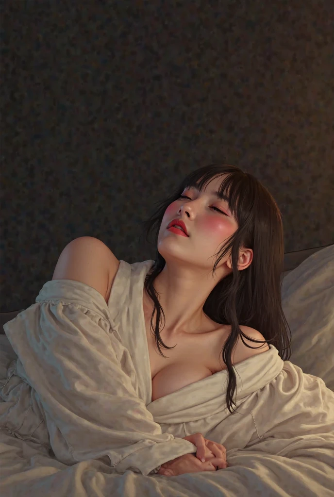 ((masterpiece)),(((highest quality))),((Reference Sheet, Character Design, in front, looking at the viewer , girl with glasses, asleep in a bed~ ~ viendo al espectador, Mr..々Hairstyle, Mr..々Performance, Facial Expressions)), 30-year-old girl asleep in a bed (curvy:1.4), (normal ass:1.4), Realistic buttocks, Big Breasts, big , normal thighs, Long legs, It's not a big deal, ((High quality fabric, nude, no panties ,topless)), ((asleep in a bed:1.0)) girl closed eyes,