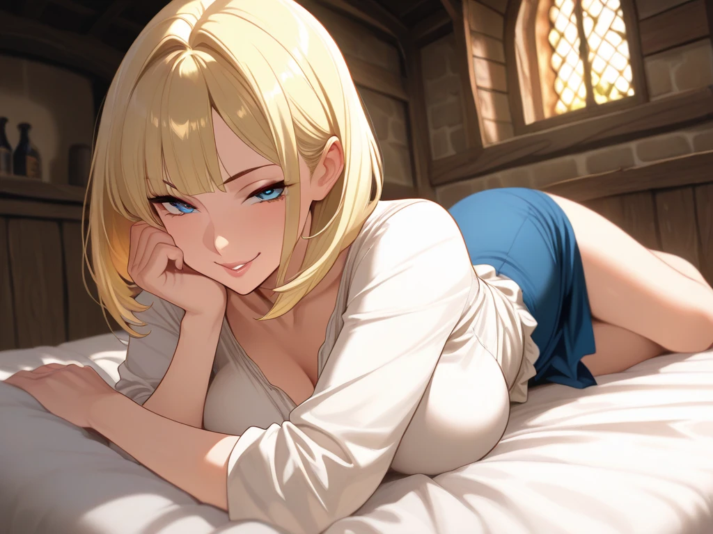 Masterpiece, 1girl, best quality, realistic, realistic, masterpiece, best quality, high quality, high quality, detail, high resolution, absurd, (((short blonde)))), blue eyes, ((shoulder length side braid)), (breasts: 1.5), natural breasts, white and red cheerleading costumes, (((solo))))), (SFW)))), ((smug smile)))), ((in the shot)), lying down, lying in bed.