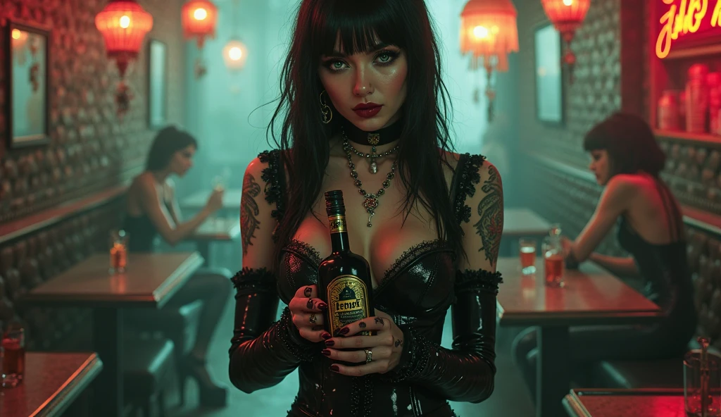 Create the realistic frontal image of a woman, full body, tattooed, with colorful mohawk hair, wearing costumes characteristic of the punk and cyberpunk subcultures, showing her tongue, with a bottle of drink in one hand and a cigarette in the other, at a party in a subway station, with graffiti walls and with anarchist and feminist symbols, illuminated by colorful neon sign lights scattered around the room, surrounded by tattooed people, dancing and gays and lesbians having fun.