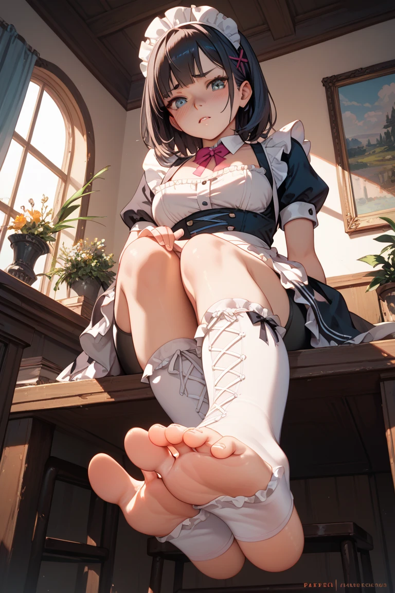 1 girl,white hair,purple eyes,maid,long hair,Tareme eyes,sick,2 legs,Leg focus,Put your hands on your thighs, X-shaped headband,from below,half-closed eyes,Jiliu,blush,sweating,bare foot,foot,(Five toes 1.5),onlys of foot,foot focus,sweating,bare foot,free fatty acids,from below,Lift your legs,only,foot,looking at the audience