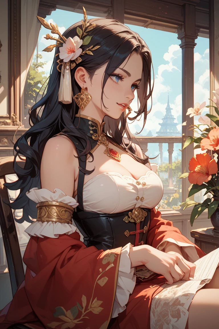((masterpiece)), (highest quality), (cinematic), Watercolor painting in the style of Joseph Christian Leyendecker, poster, Goddess of Dance , big breasts, Big eyes, long and thick eyelashes, cleavage, lip whole, chubby cheeks, dark red eyes, long and thick hair, high ponytail, accessories, flower_background, Features intricate designs and patterns in the style of Joseph Christian Leyendecker。