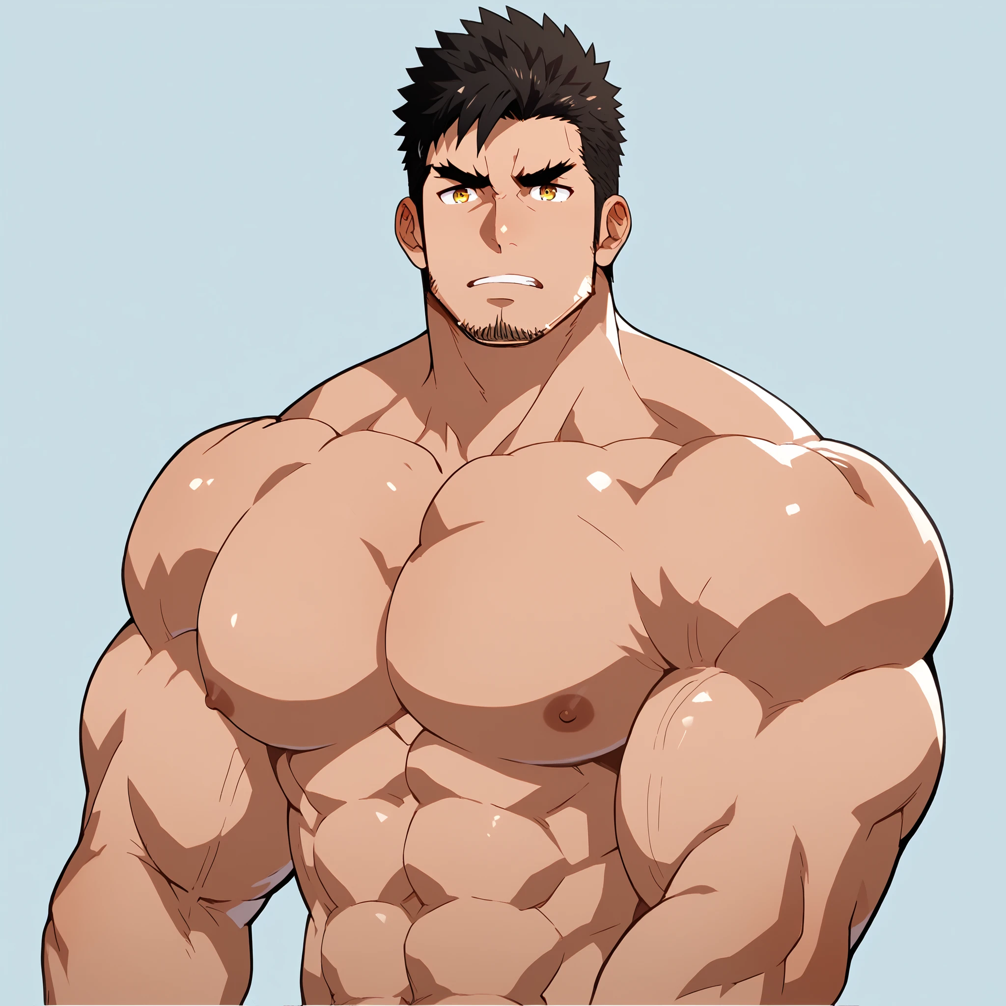 character focus, full body, looking away, dynamic angle, exercise, musclegut middle-aged american, perfect anatomy, male , fullbody, tanned skin , maleらしさ, male性重視, Muscle Development male, Muscle Development , maleが一人,Dandy　 , Alone , black short hair, Messy Hair , Thick eyebrows, Stubble, brown eyes , simple background , amazing quality , Masterpiece , Best Aesthetics, Smart Student , cut in inches , Separate lips , Face in agony with severe pain , dirty face , top quality , Muscle Development characters , upper body , Karate , abs, score_9,score_7_up,score_6_up,score_5_up,score_4_up,zabaniyya \(housamo\), muscular, 1boy, male focus, bara, thick thighs, muscular male, stubble, solo, facial hair, thighs, nude, pectorals, black hair, yellow eyes, frown, large pectorals, mature male, thick eyebrows, transparent background, bulge, thick arms, tight, manly, muscular wrestlers, no clothes, no pants, side view, nude, fullbody