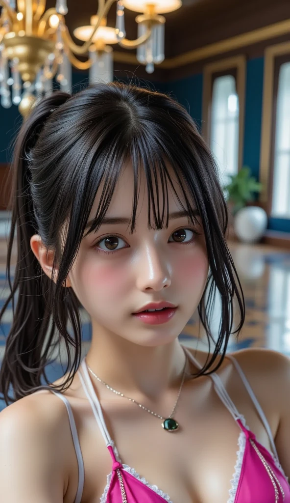 (masterpiece:1.2, Highest quality), (Realistic, photoRealistic:1.4), Ultimate beauty、mature、(Beautiful Features、Detailed lips, Beautiful eyes with attention to detail)、(Beautiful Teeth), blush, Captivating Gaze、masterpiece，（Highest quality，Hyper Detail)、 Natural Makeup，Looking at the camera、alone，Cute woman in her 20edium breast、Short Bob Hair、(Bangs too)、((topless:1.6))、 (Maid clothes、Black Choker、Earrings), Side Lock, stage, Outdoor,  (Cum between breasts:1.6)、(Extreme close up:1.2)、(Chest tightness:1.2)、(Oral)、(Trance:1.5)、(Shooting from below)、(Open your mouth:1.2)