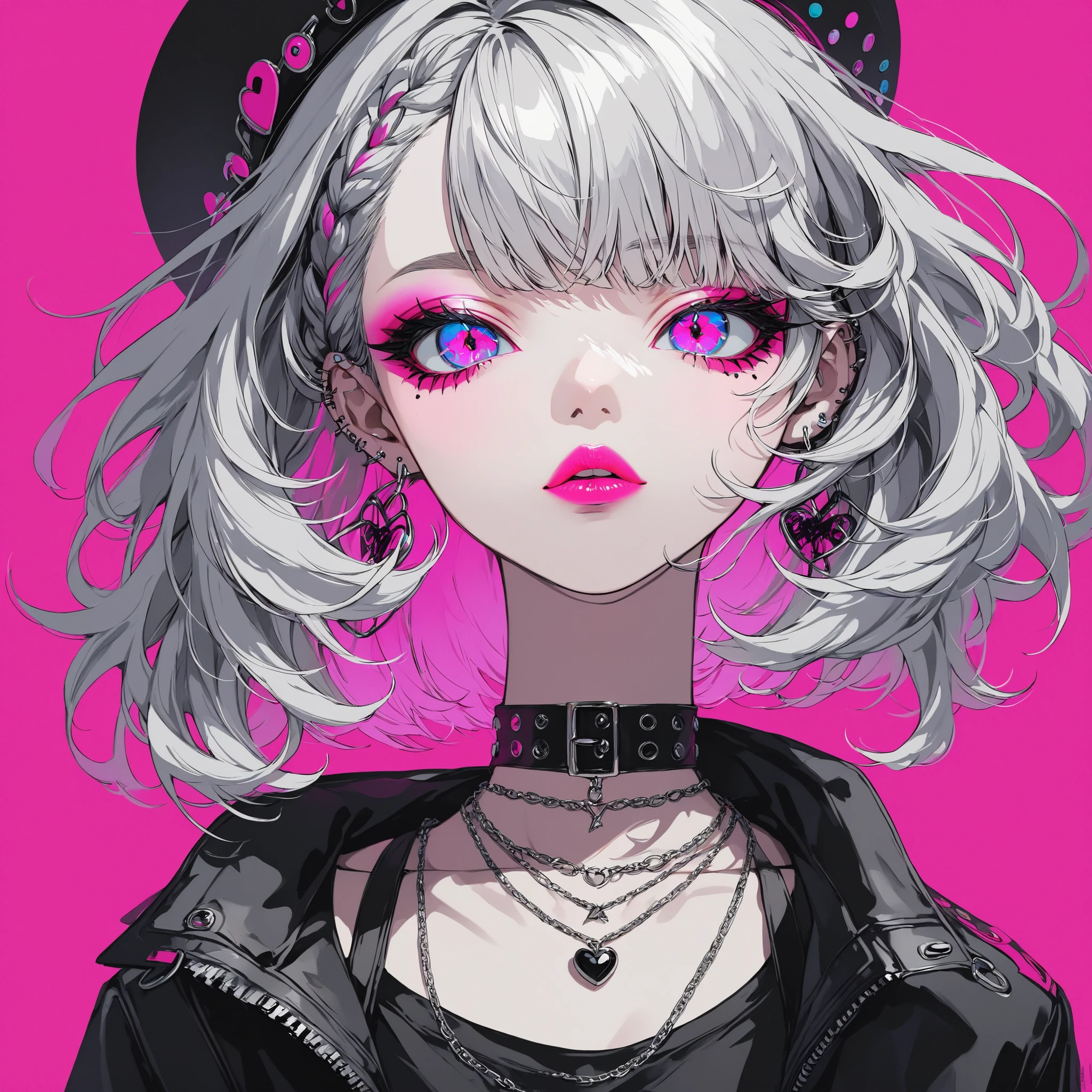 (Best quality:1.4, City Pop style, Very detailed, Latest, Vibrant, High contrast, Masterpiece:1.4,), Gal, Neon colored hair, Silver hair, Braided hair, Languid eyes, Kind and charming beautiful woman, Half body photo, Attractive oval face, Double eyelids, Pink lips, Neon hair, Punk style, Sexy outfit, Earrings, Jewelry, Pink lips, Necklace, Goth, Pretty face, Pure city pop style night background.