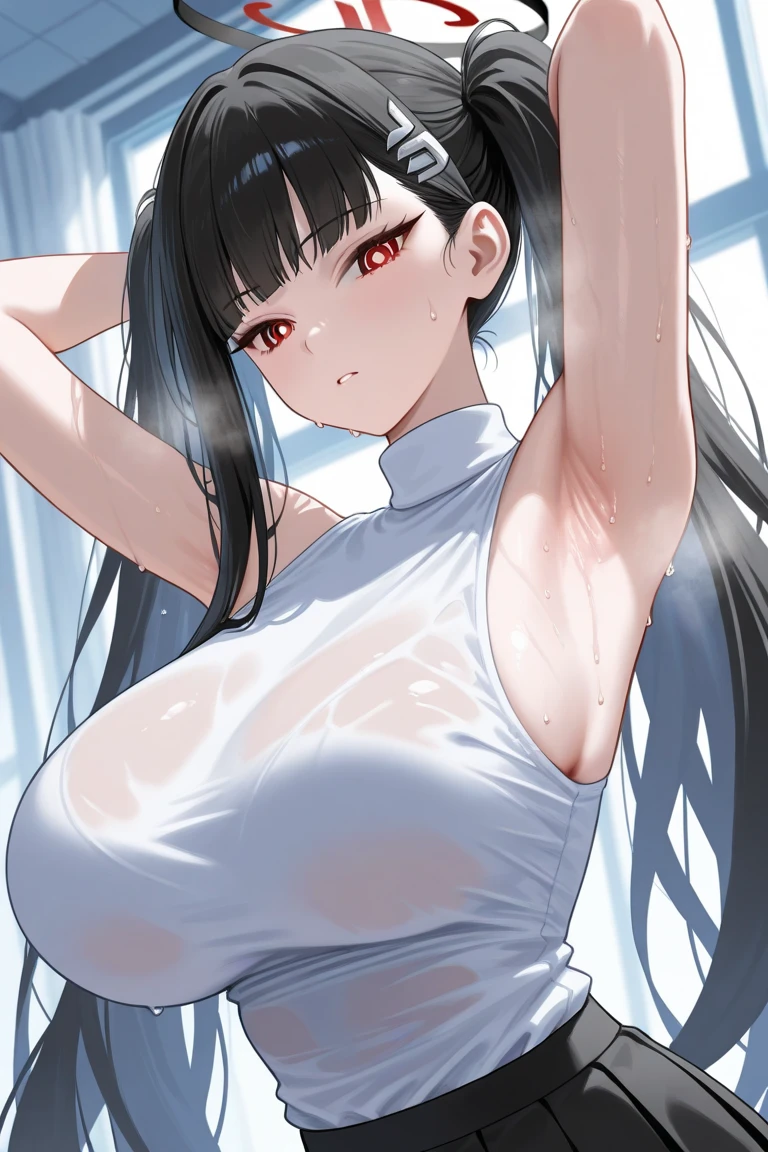 Perfect, masterpiece, (best quality, highres:1.2), 1girl, beautiful detailed eyes, beautiful detailed lips, extremely detailed eyes and face, long eyelashes, medium:oil painting, vivid colors, HDR, studio lighting, ultra-fine painting, sharp focus, physically-based rendering, extreme detail description, portraits, ((organized fingers)), curvy body, big breasts, perfect shape, facing viewer, sweaty, gorgeous, ((arms up)), sleeveless dress, straddling, smiling