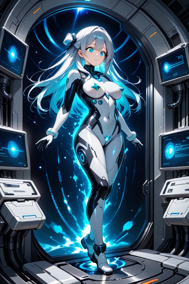 (best quality, high resolution, masterpiece:1.2), Very detailed, Practical:1.37, (Perfect anatomical structure),1 girl, Full body portrait,Inside the robotic operating room,(lot of cable:1.1),Lots of tubes,Monitoring screen,Close-up of woman, Cute and perfect Japanese idol, 26-year-old female model、Transformed into a cute,, (Blue glowing eyes:1.1), (Transparent glass body:1.5), (Clearly view the body&#39;s electronic systems.:1.4),  Detailed connecting lines,  Wires and cables to the head,  Cybernetics, Cyberpunk,  Intricate decorative details, Android factory behind the scenes, masterpiece, full-body shot