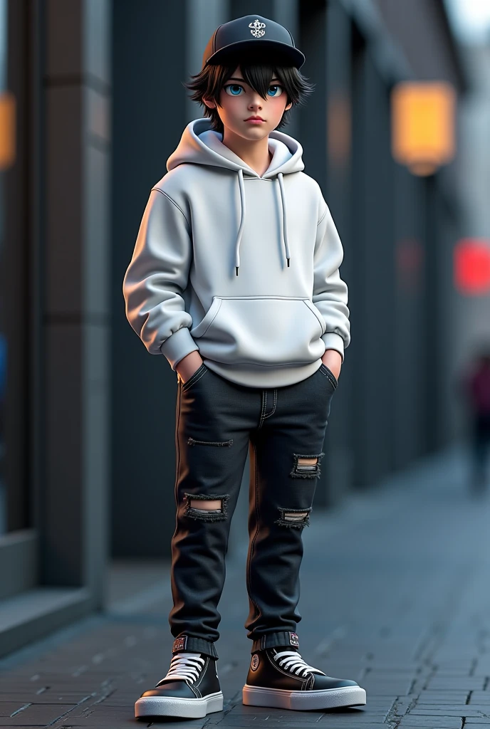 Create a image of a boy who wears a black hoodie and a gray jeans with white sneakers