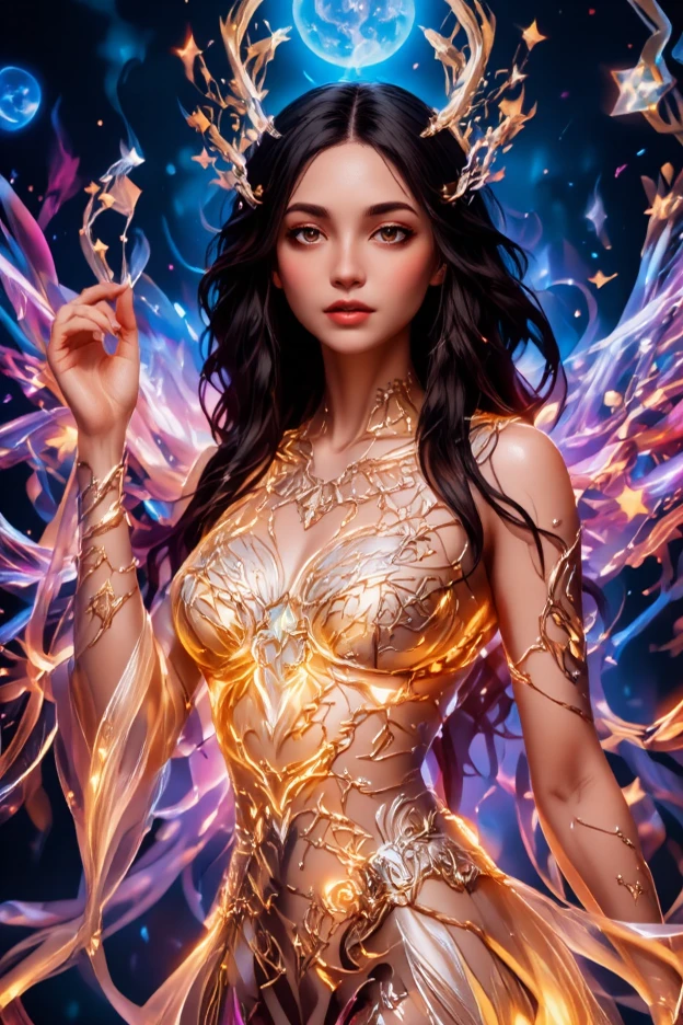 woman, long hair, sunlight, gigantic breasts, iridescent dress, glowing stars, A digital illustration, glowing lotus, defraction spikes, chromatic aberration, bloom AND (glowing, holofoil:0.6), a beautiful fantasy empress, guweiz, ruan jia and artgerm, beautiful fantasy maiden, japanese goddess, It was empty inside and she didn't even wear a bra, When she moved her body, her two fat and white breasts swayed left and right, Under the friction with her clothes, her two lotus seed-sized nipples actually stood up, making her clothes bulge out by two pointed,
