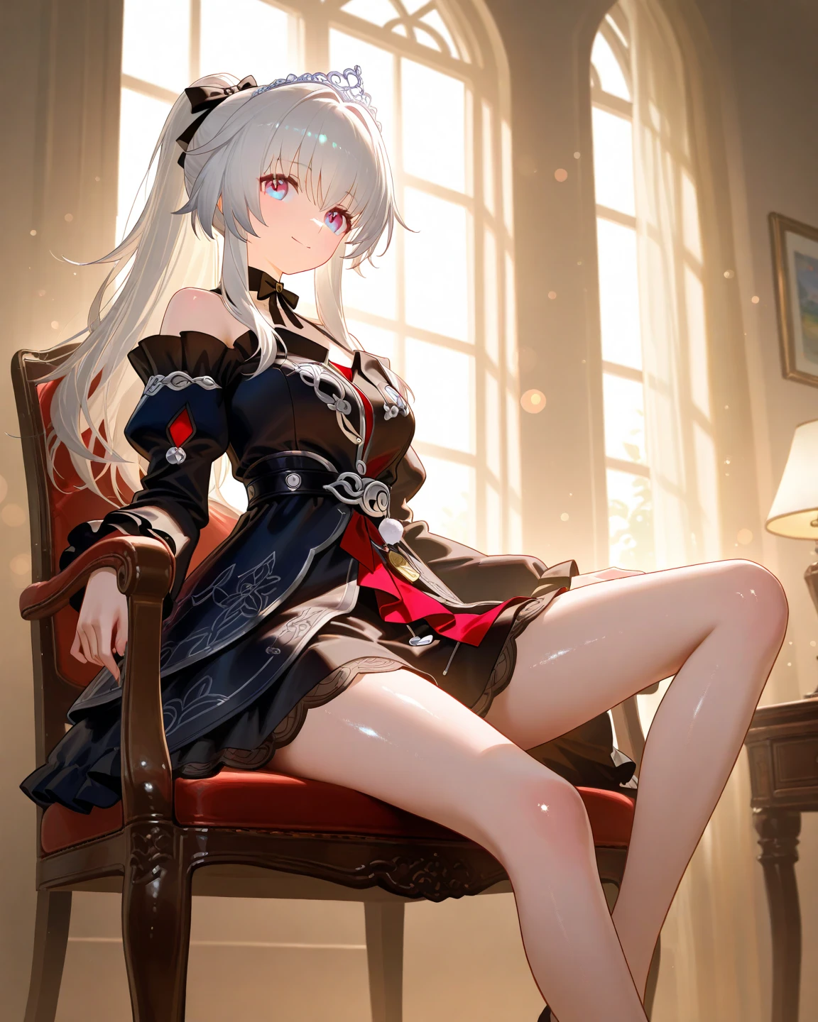 silber hair、red eyes、Beautiful girl alone、Fluffy dresses、off shoulders、Western-style castle、Bright red roses、sitting on、white  panties